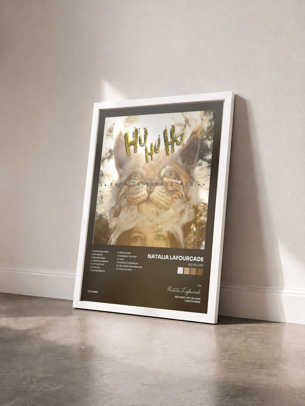 #blanc HU HU HU by Natalia Lafourcade as a framed art print seen at an angle, white frame