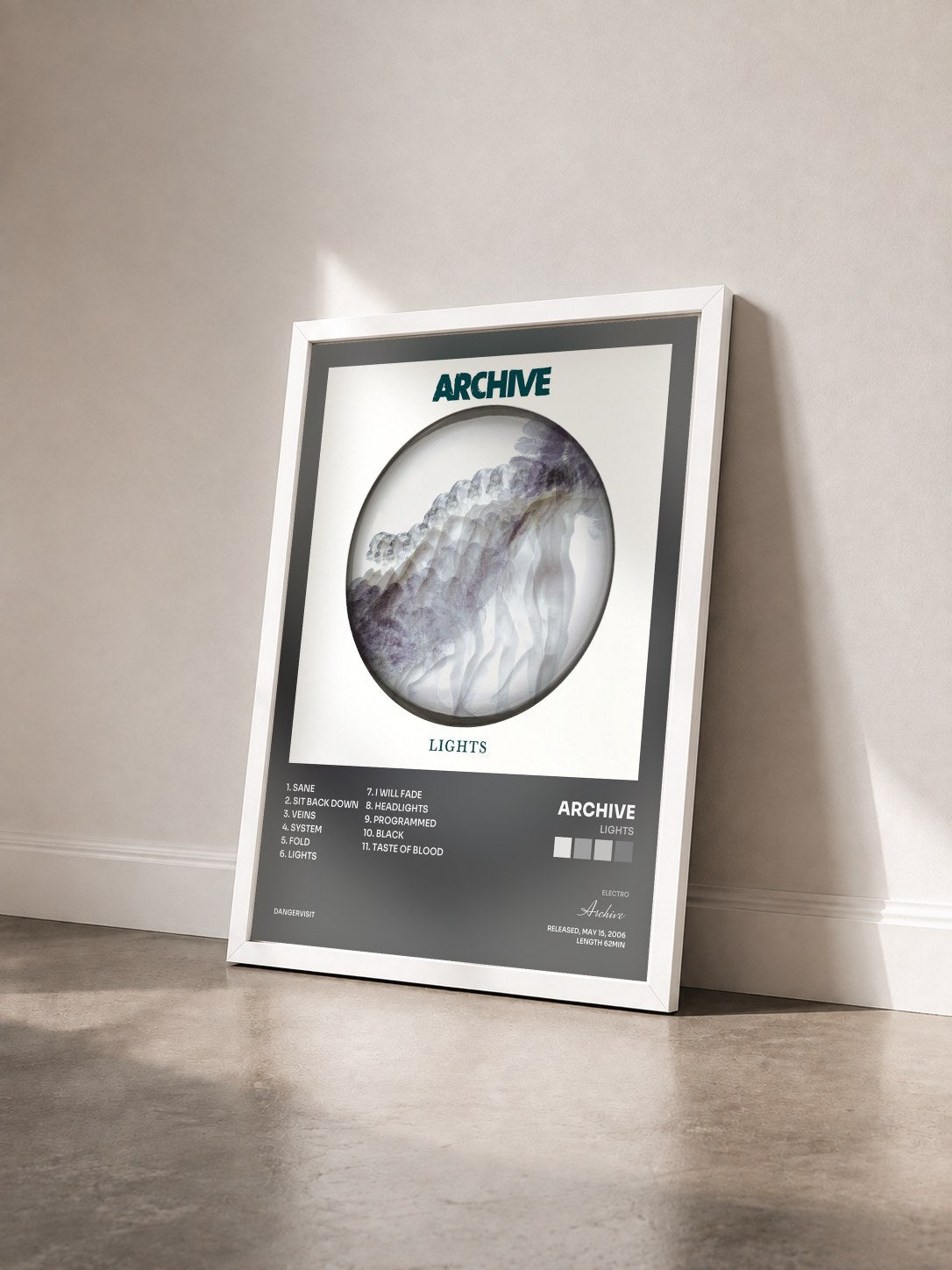 #blanc Tableau de l'album Lights de Archive vu de trois quarts, cadre blanc