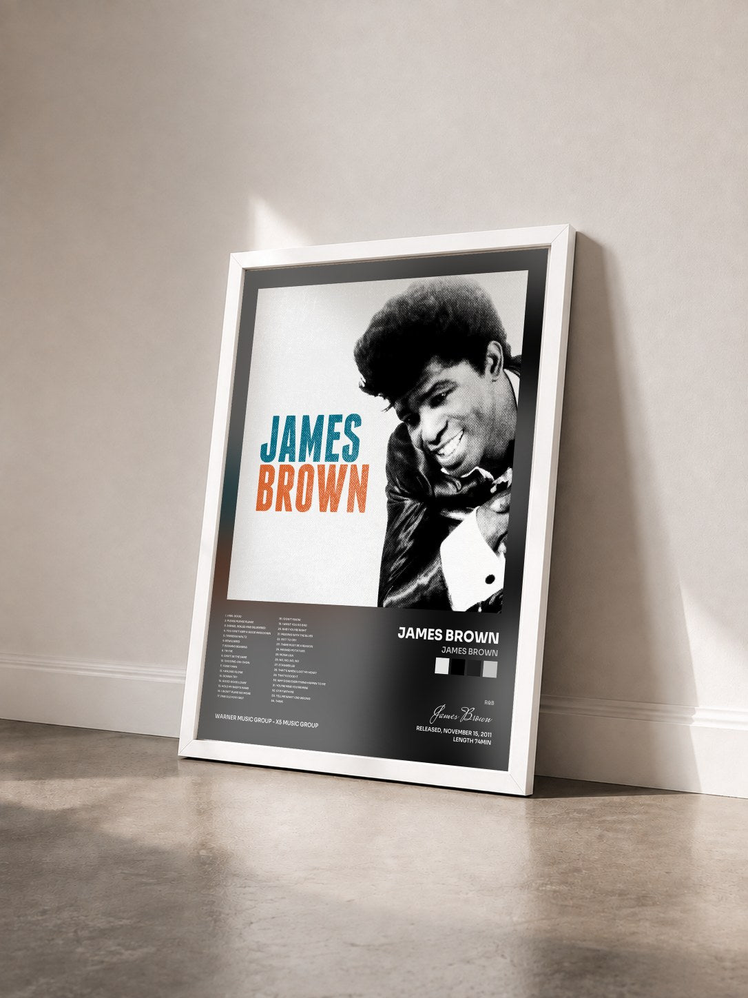 #blanc Tableau de l'album James Brown de James Brown vu de trois quarts, cadre blanc
