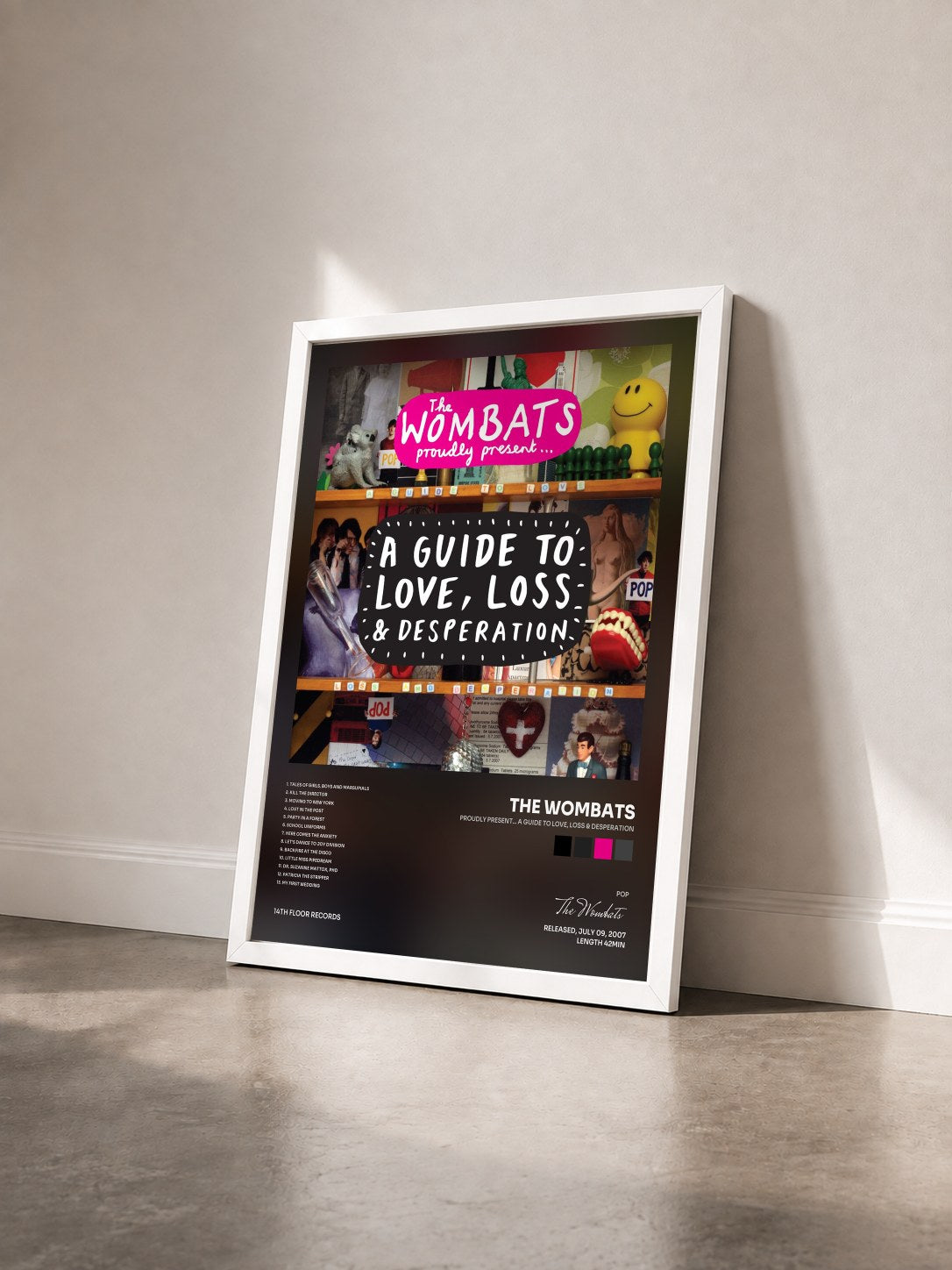 #blanc Tableau de l'album Proudly Present... A Guide to Love, Loss & Desperation de The Wombats vu de trois quarts, cadre blanc
