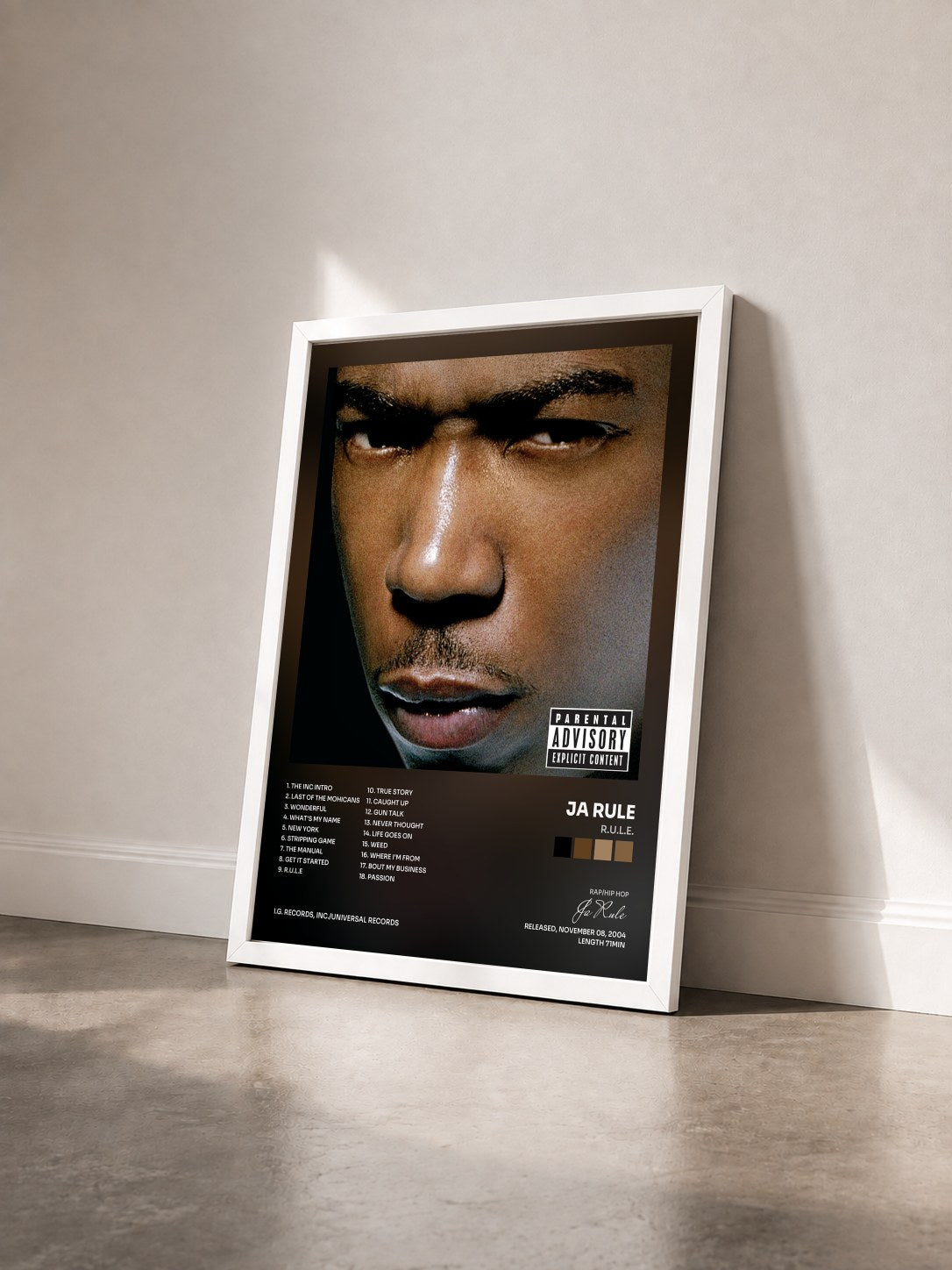 #blanc Tableau de l'album R.U.L.E. de Ja Rule vu de trois quarts, cadre blanc