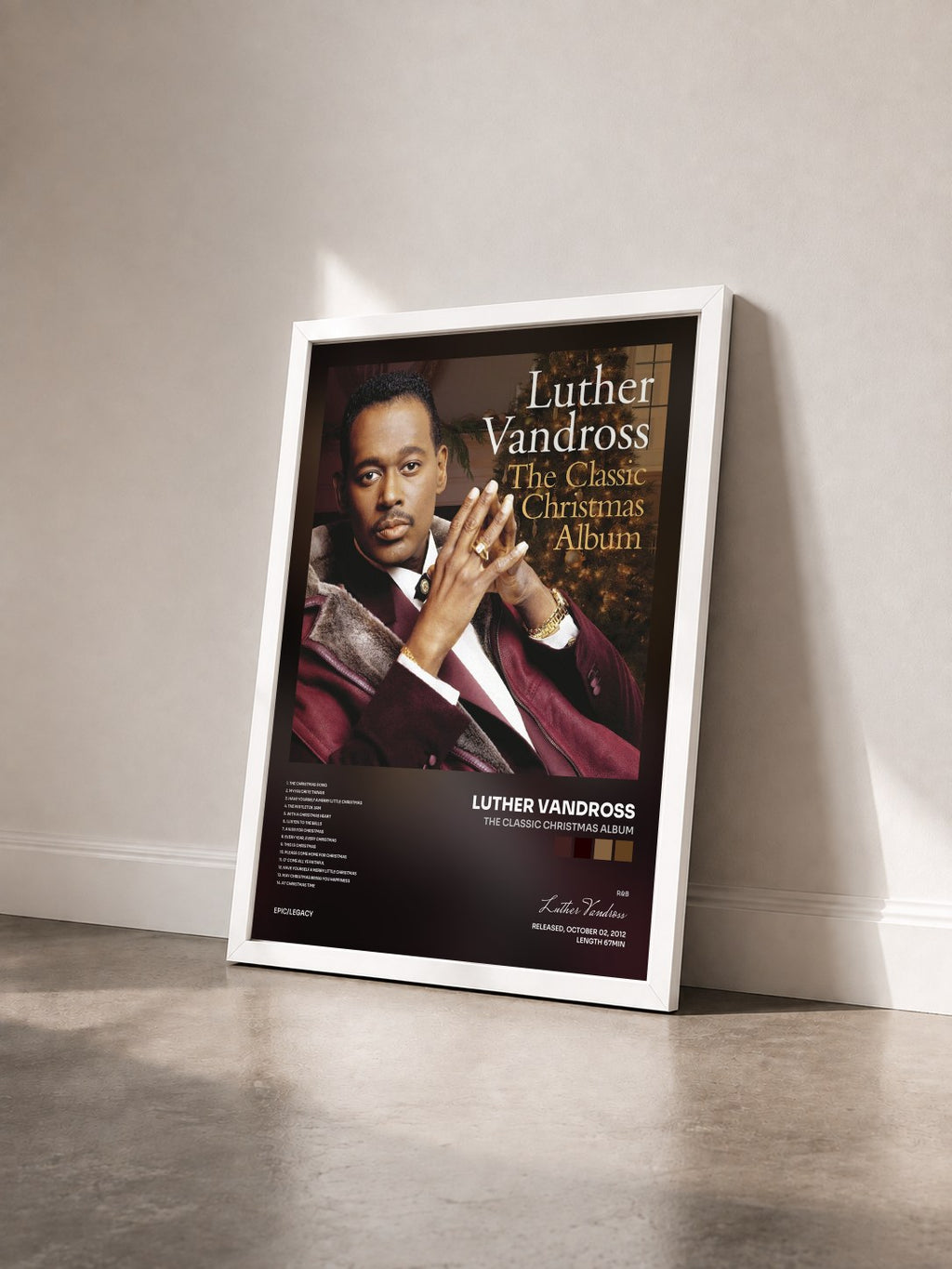 #blanc The Classic Christmas Album de Luther Vandross en lámina enmarcada vista de tres cuartos, marco blanco