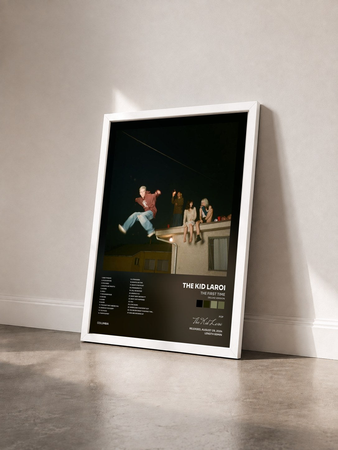 #blanc THE FIRST TIME (DELUXE VERSION) by The Kid Laroi as a framed art print seen at an angle, white frame