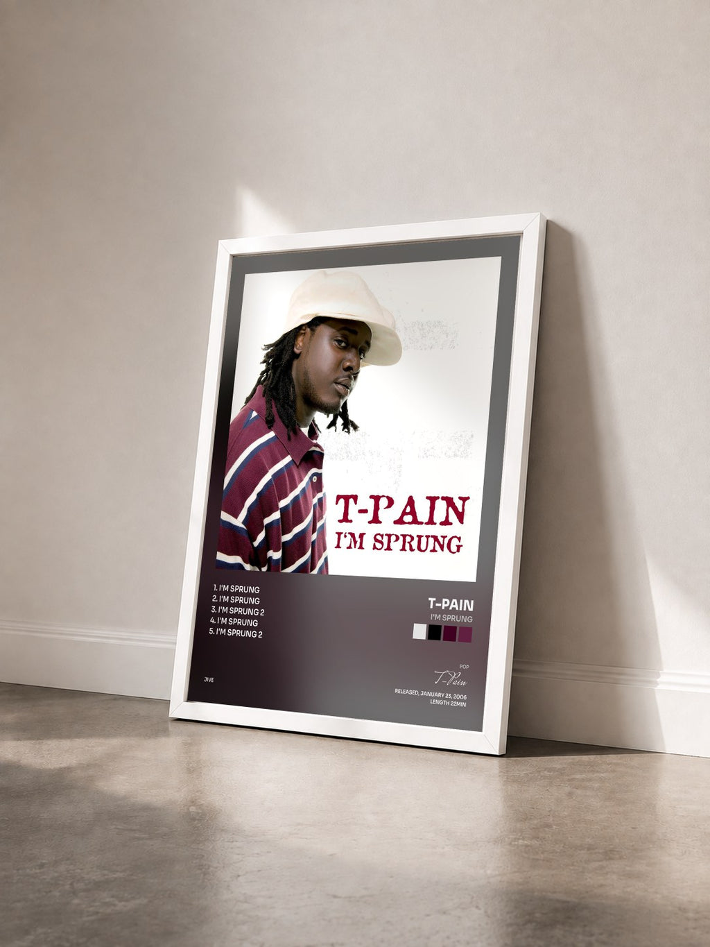 #blanc I'm Sprung von T-Pain als gerahmter Kunstdruck von schräg gesehen, weißer Rahmen