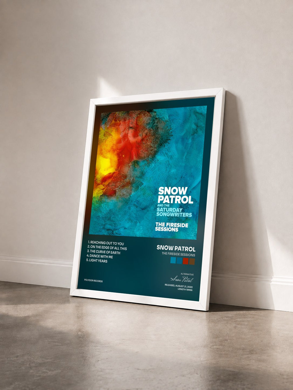 #blanc The Fireside Sessions von Snow Patrol als gerahmter Kunstdruck von schräg gesehen, weißer Rahmen