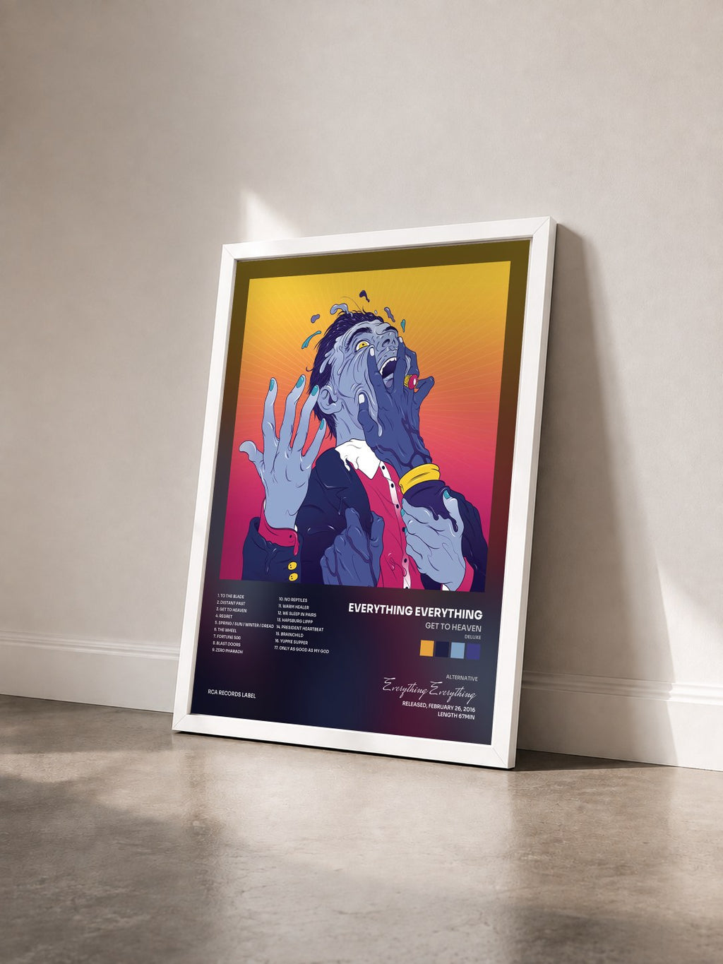 #blanc Tableau de l'album Get To Heaven (Deluxe) de Everything Everything vu de trois quarts, cadre blanc