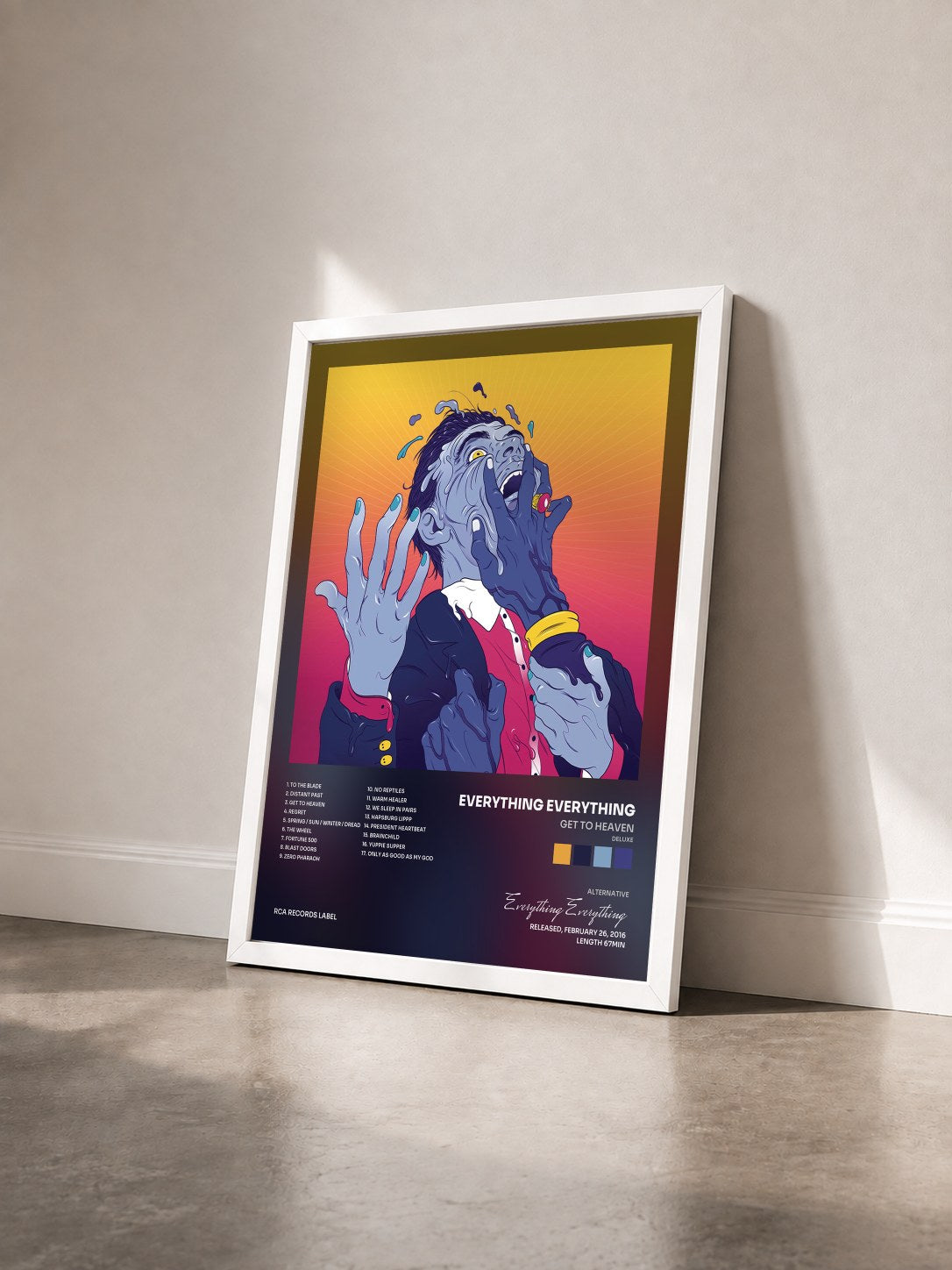 #blanc Tableau de l'album Get To Heaven (Deluxe) de Everything Everything vu de trois quarts, cadre blanc