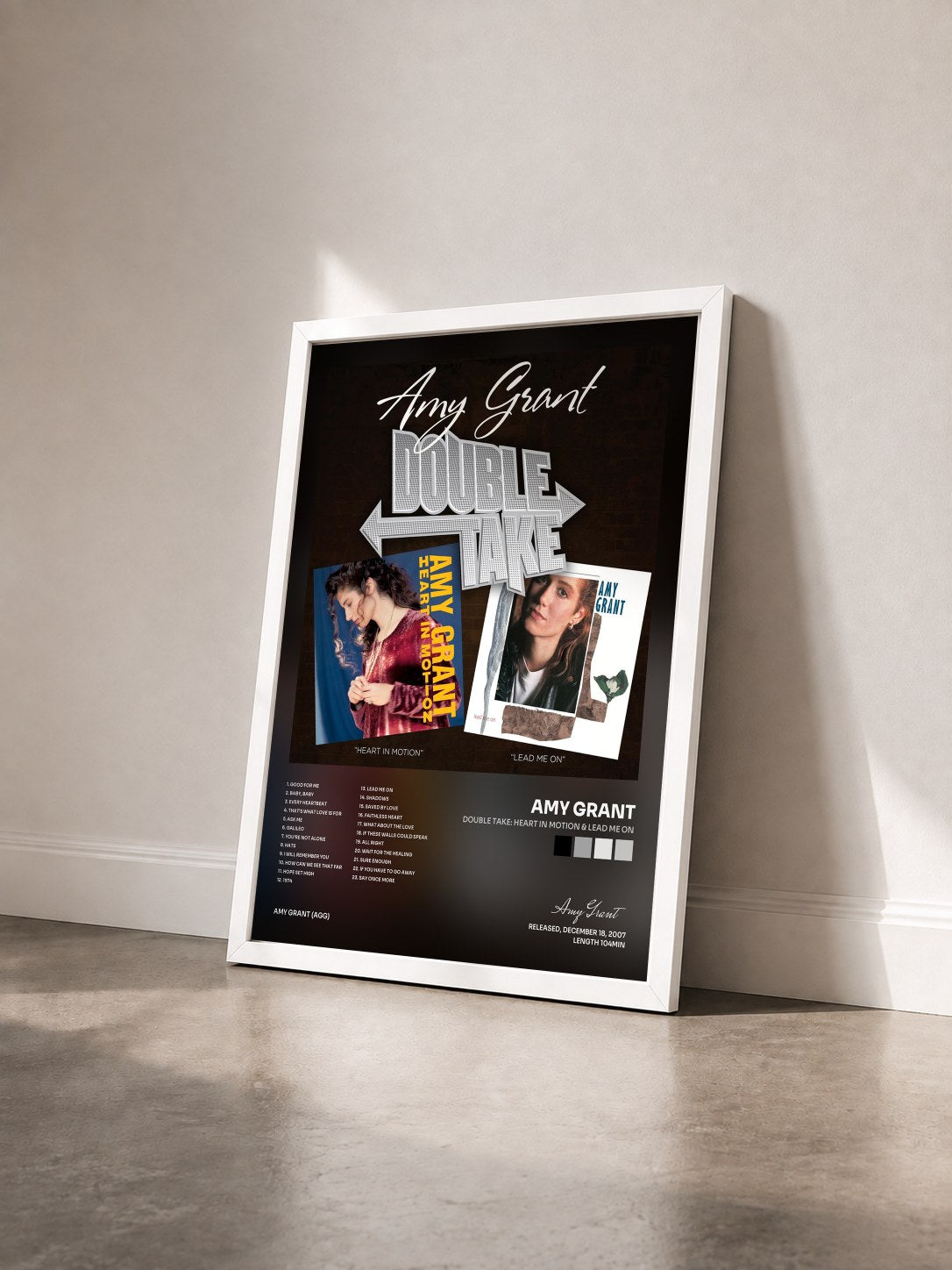 #blanc Tableau de l'album Double Take: Heart In Motion & Lead Me On de Amy Grant vu de trois quarts, cadre blanc