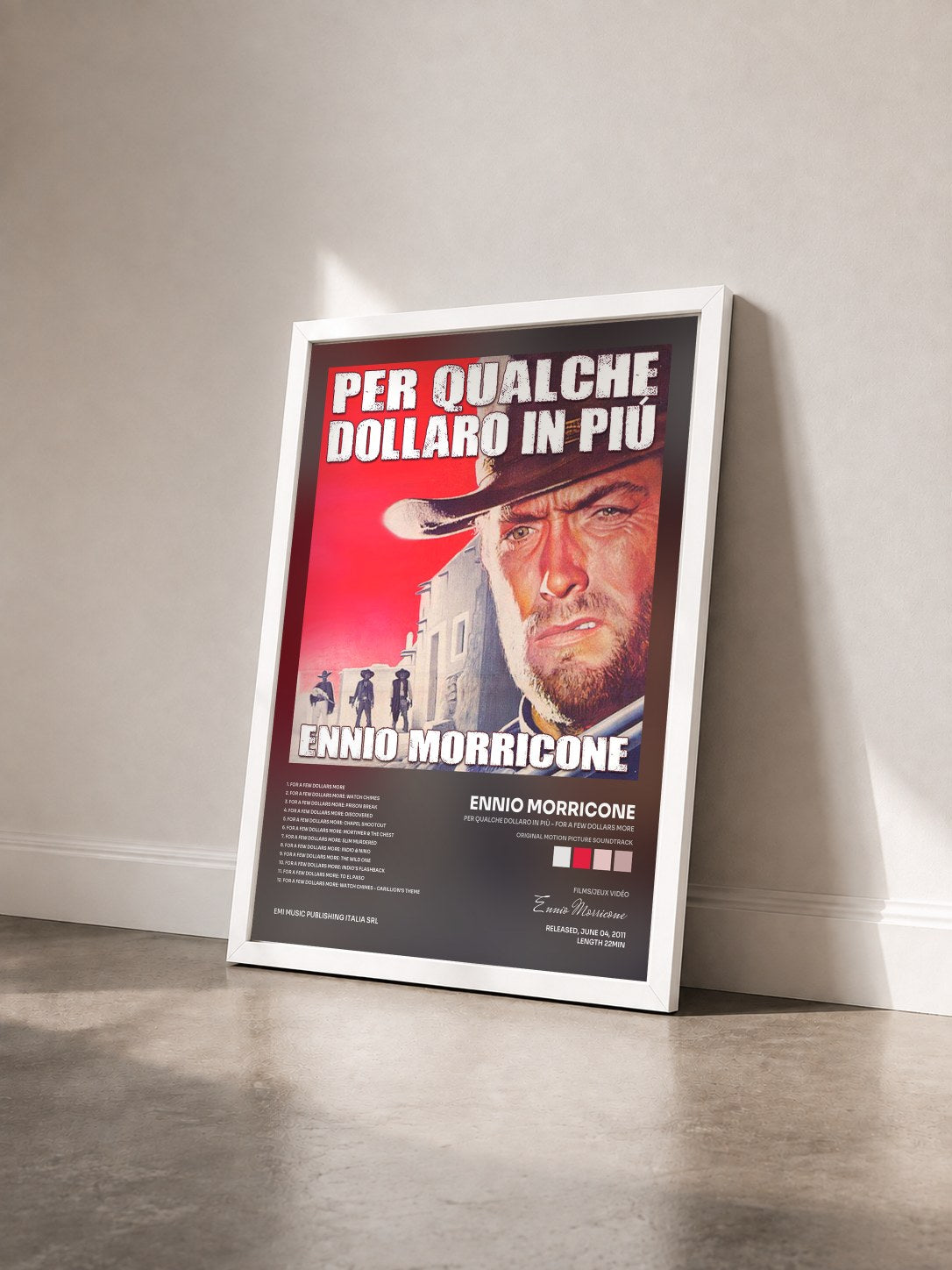 #blanc Tableau de l'album Per Qualche Dollaro in Più - For a Few Dollars More (Original Motion Picture Soundtrack) de Ennio Morricone vu de trois quarts, cadre blanc