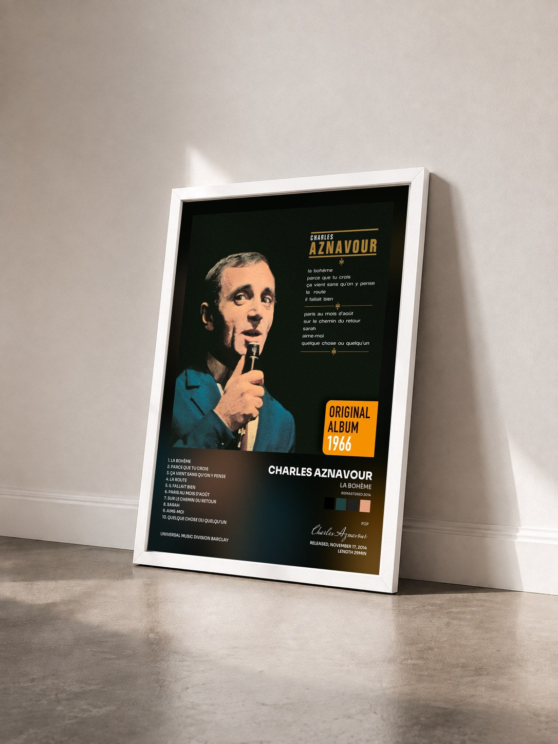 #blanc Tableau de l'album La Bohème (Remastered 2014) de Charles Aznavour vu de trois quarts, cadre blanc