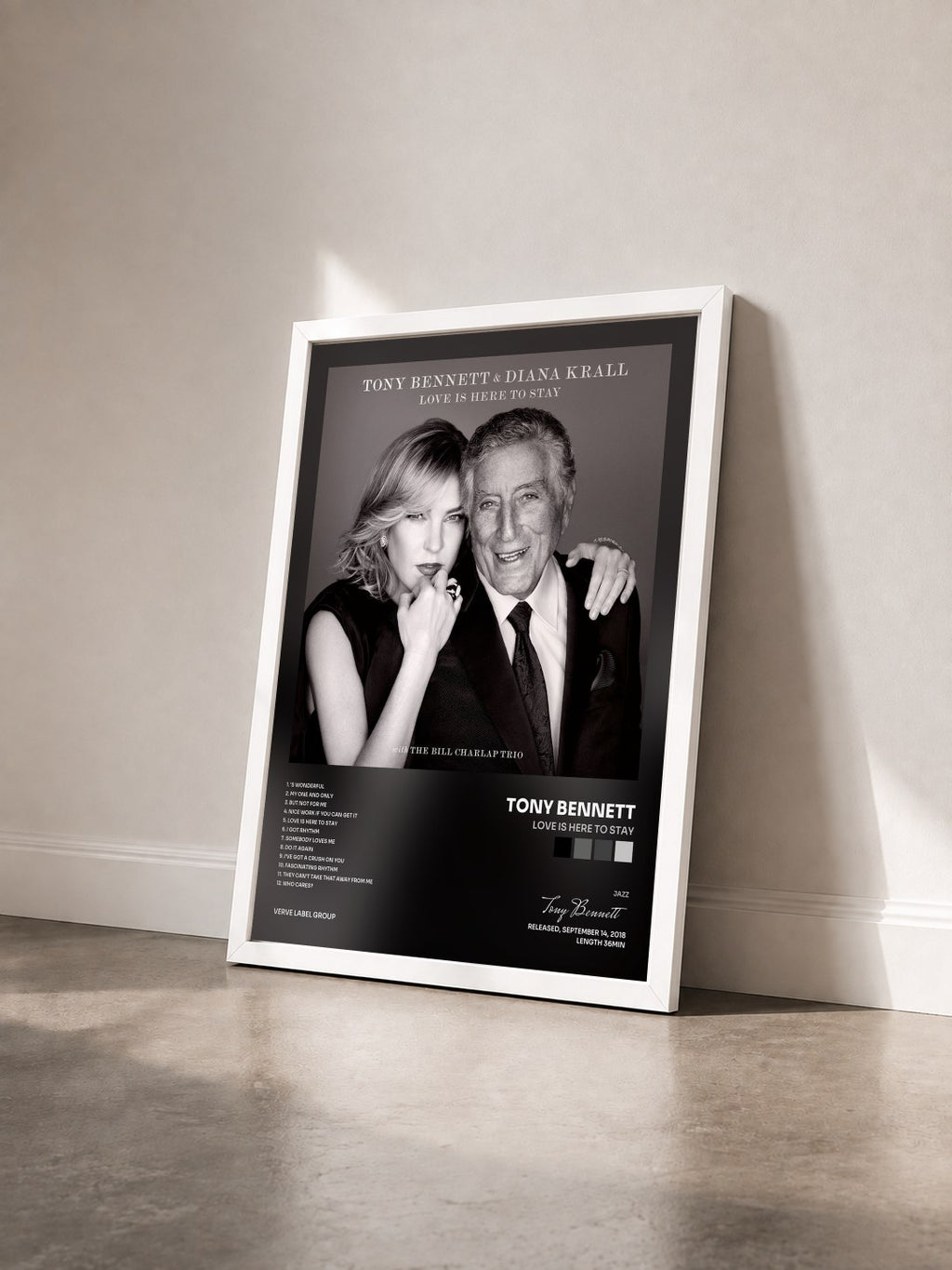 #blanc Love Is Here To Stay de Tony Bennett en lámina enmarcada vista de tres cuartos, marco blanco