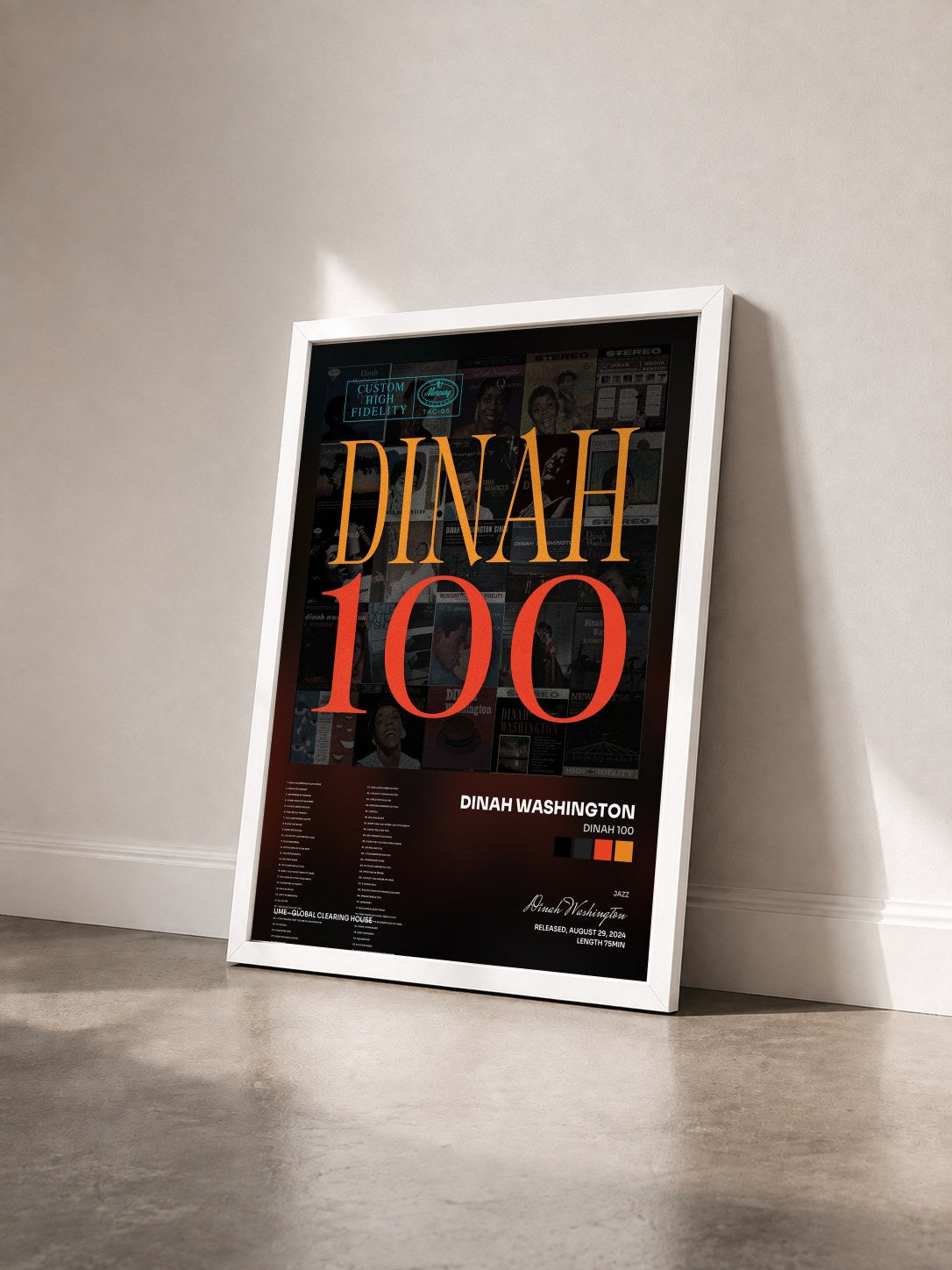 #blanc Tableau de l'album Dinah 100 de Dinah Washington vu de trois quarts, cadre blanc