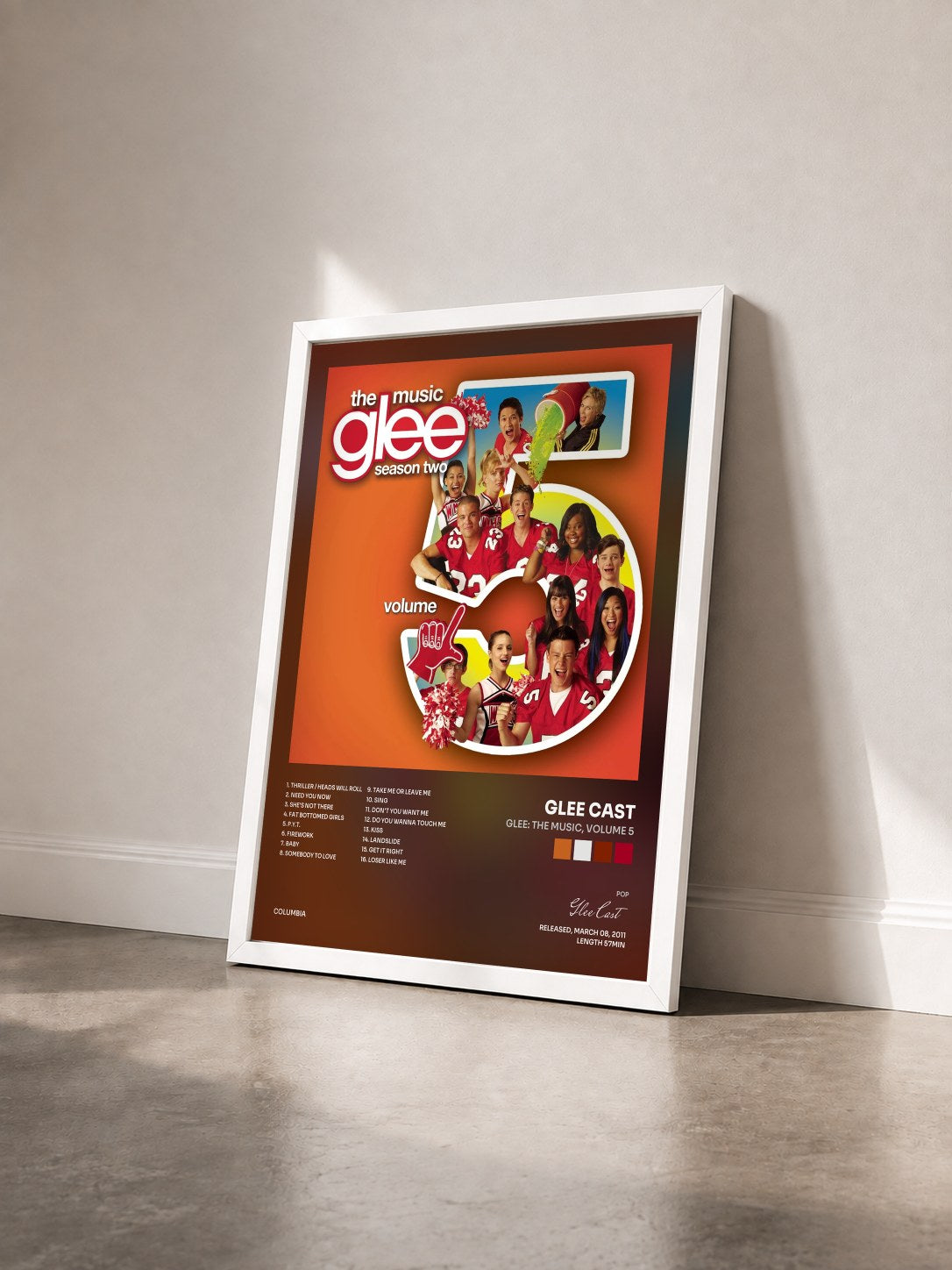 #blanc Glee: The Music, Volume 5 by Glee Cast as a framed art print seen at an angle, white frame