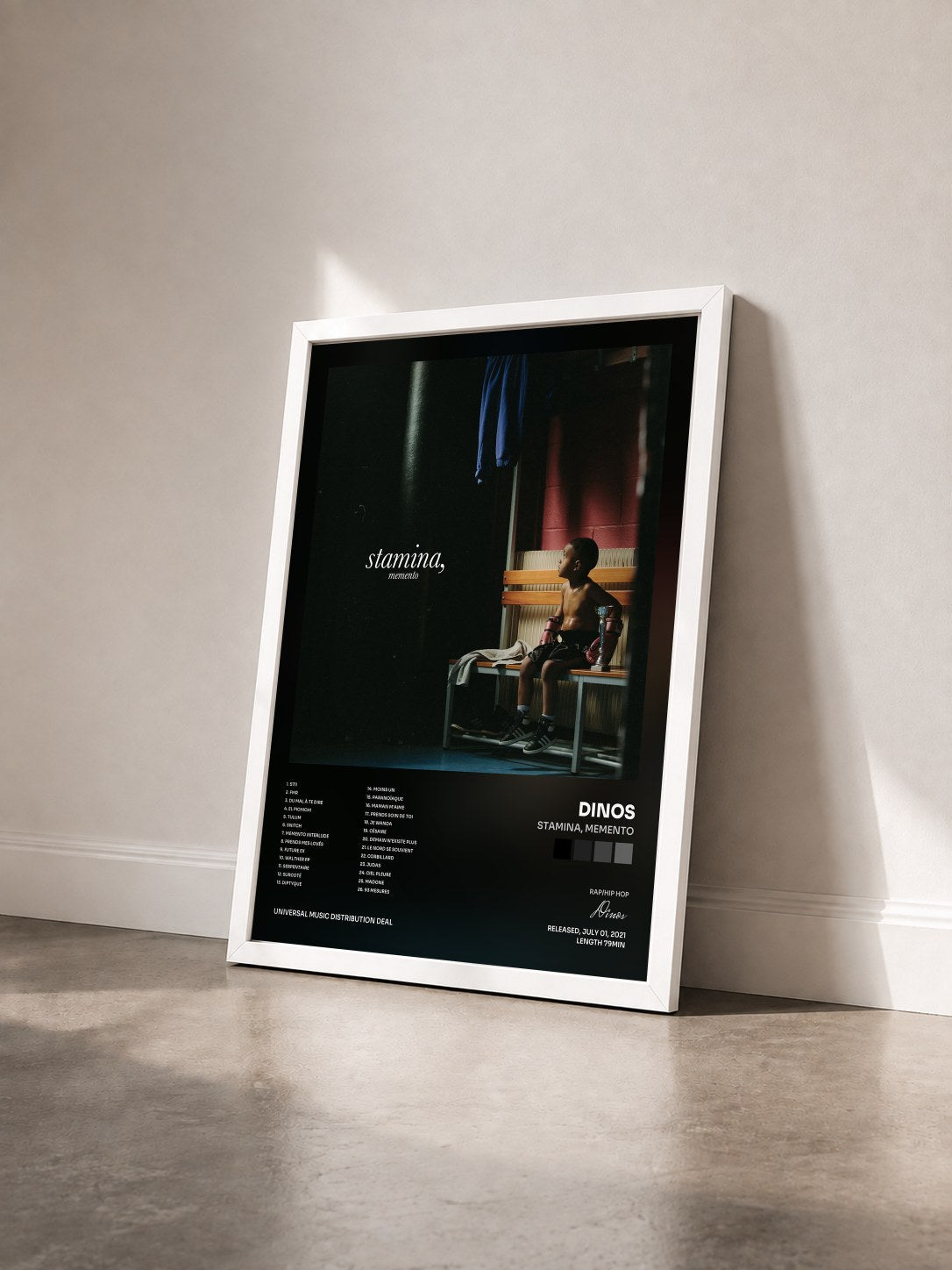 #blanc Stamina, Memento by Dinos as a framed art print seen at an angle, white frame