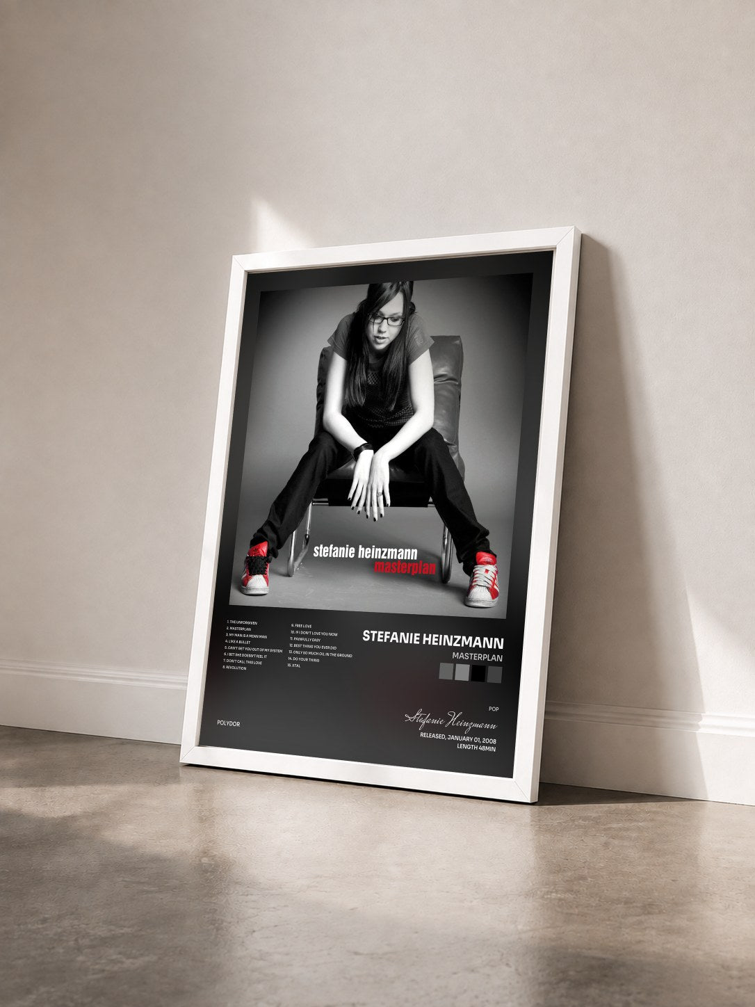 #blanc Tableau de l'album Masterplan de Stefanie Heinzmann vu de trois quarts, cadre blanc