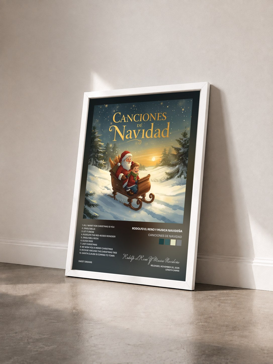 #blanc Tableau de l'album Canciones De Navidad de Rodolfo el Reno Y Musica Navideña vu de trois quarts, cadre blanc