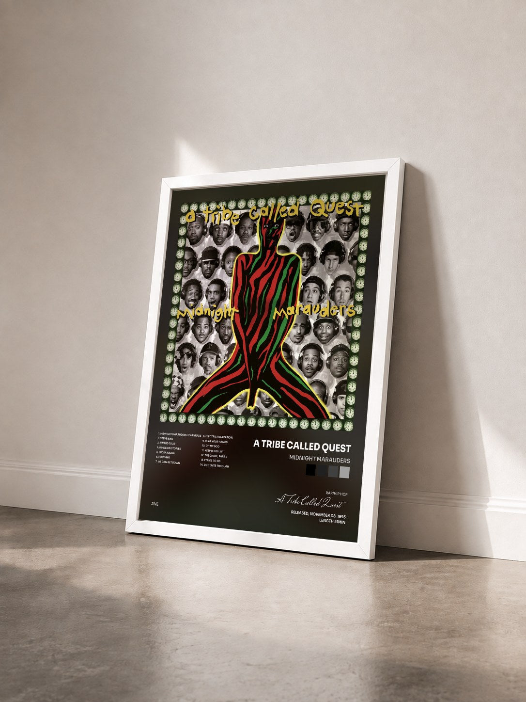 #blanc Tableau de l'album Midnight Marauders de A Tribe Called Quest vu de trois quarts, cadre blanc
