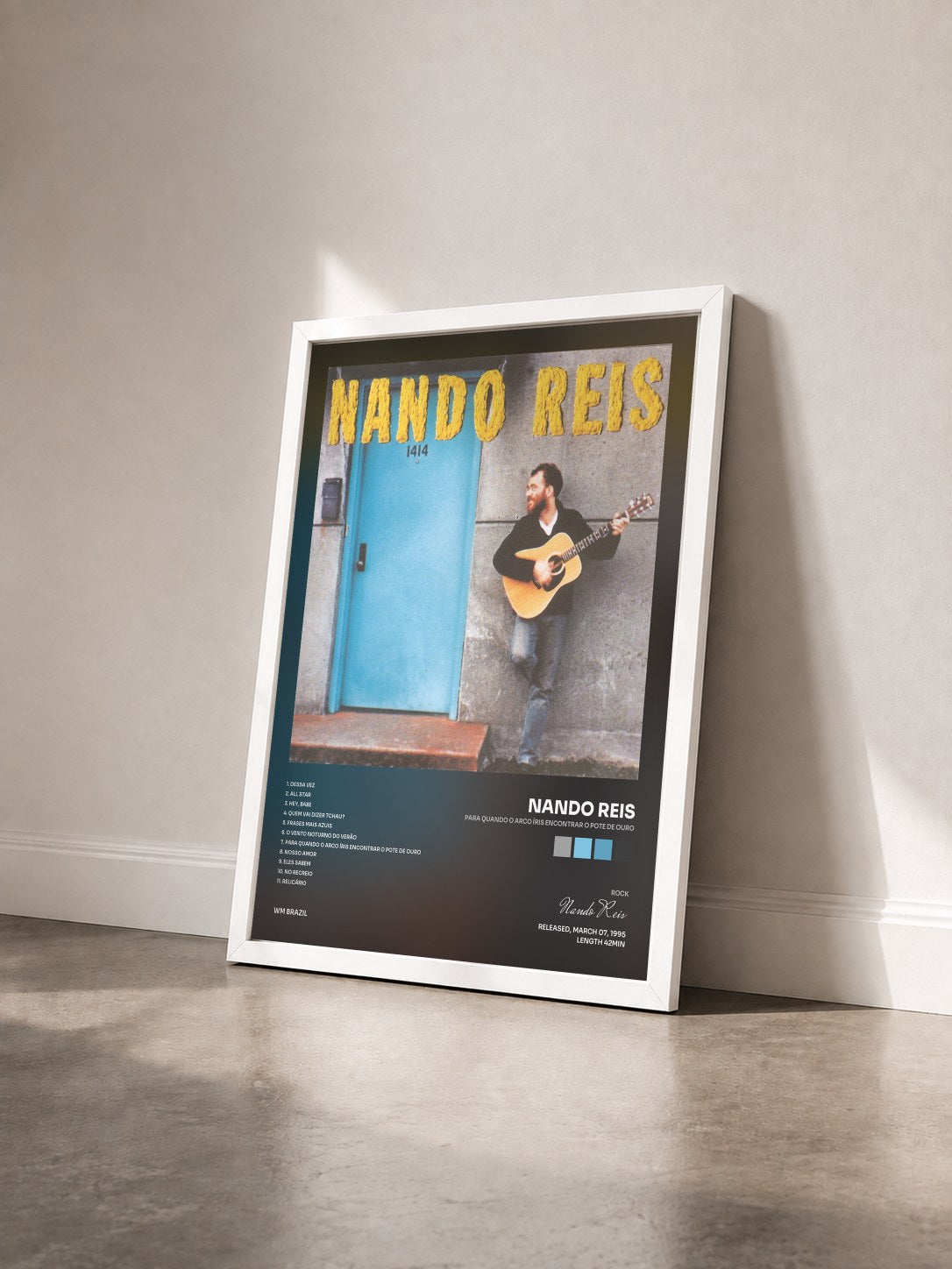 #blanc Tableau de l'album Para Quando o Arco Íris Encontrar o Pote de Ouro de Nando Reis vu de trois quarts, cadre blanc