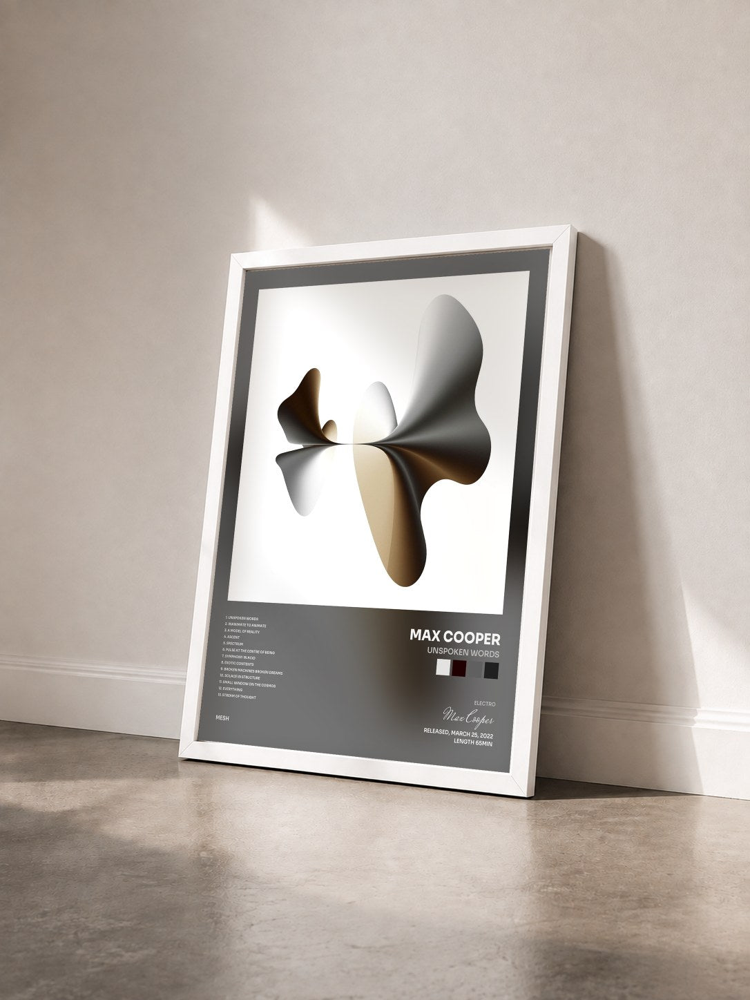 #blanc Unspoken Words de Max Cooper en lámina enmarcada vista de tres cuartos, marco blanco