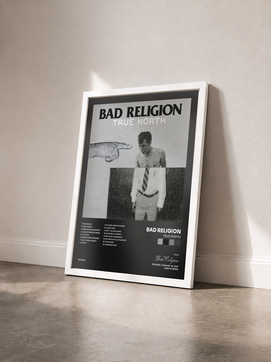 #blanc True North de Bad Religion en lámina enmarcada vista de tres cuartos, marco blanco
