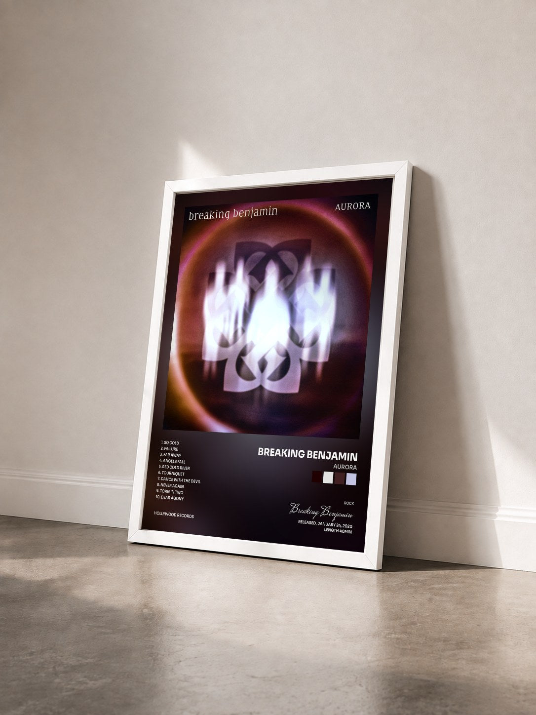 #blanc Aurora by Breaking Benjamin as a framed art print seen at an angle, white frame
