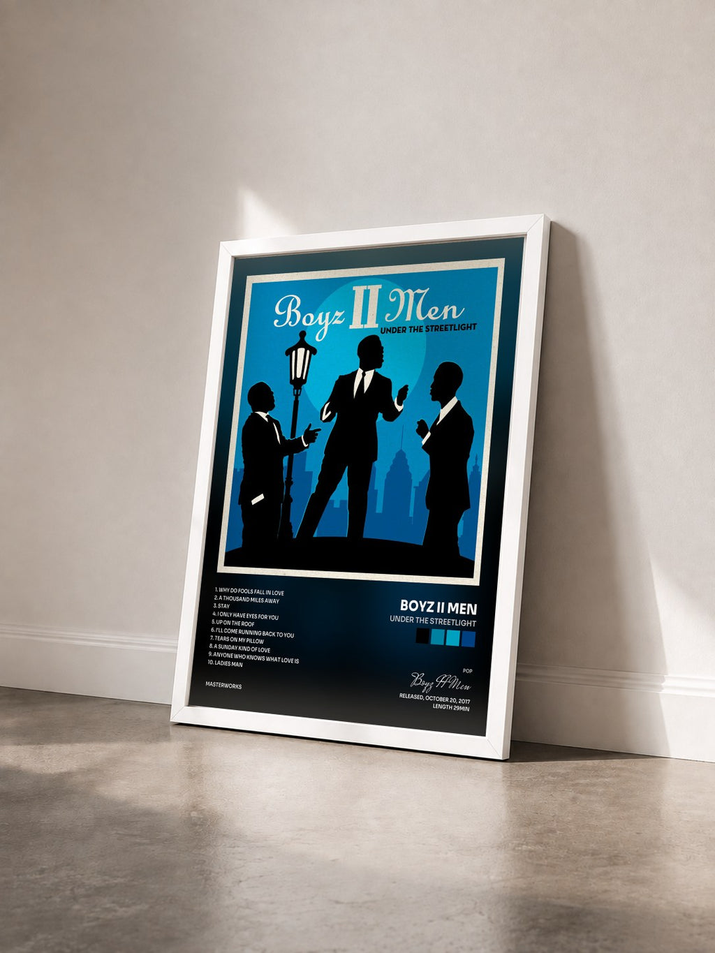 #blanc Tableau de l'album Under the Streetlight de Boyz II Men vu de trois quarts, cadre blanc