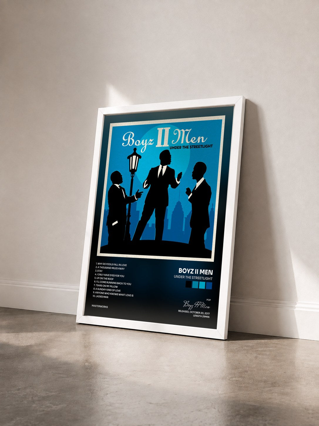#blanc Tableau de l'album Under the Streetlight de Boyz II Men vu de trois quarts, cadre blanc