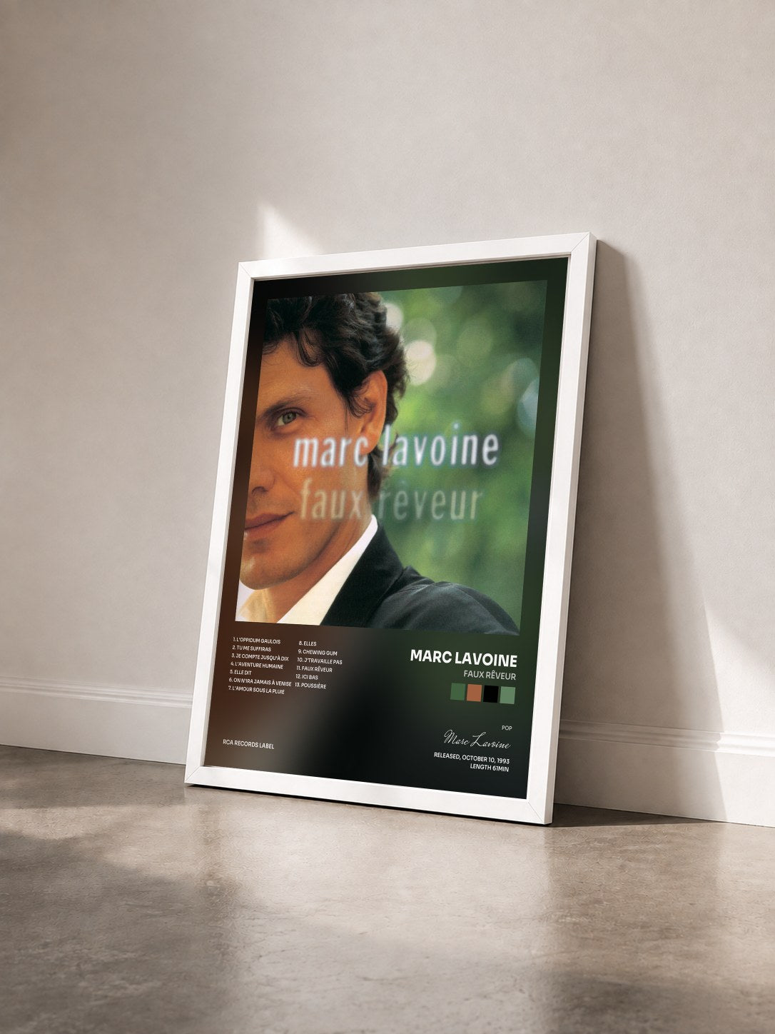 #blanc Tableau de l'album Faux rêveur de Marc Lavoine vu de trois quarts, cadre blanc