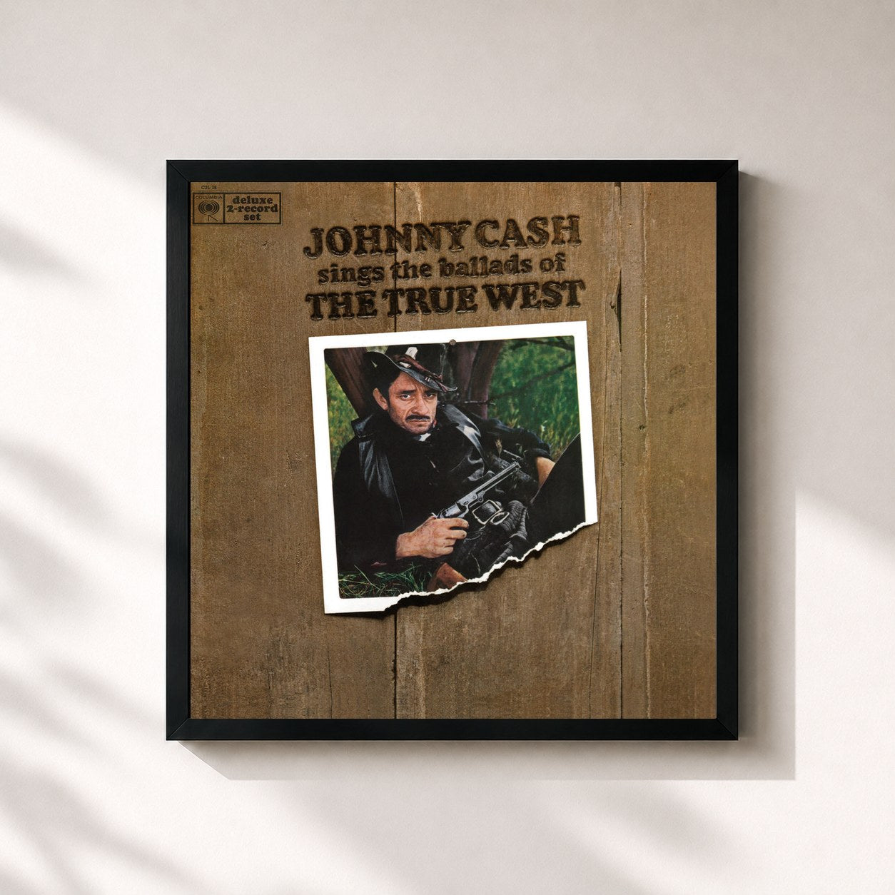 #noir Tableau carré de l'album Johnny Cash Sings The Ballads Of The True West de Johnny Cash, cadre noir 32x32 cm