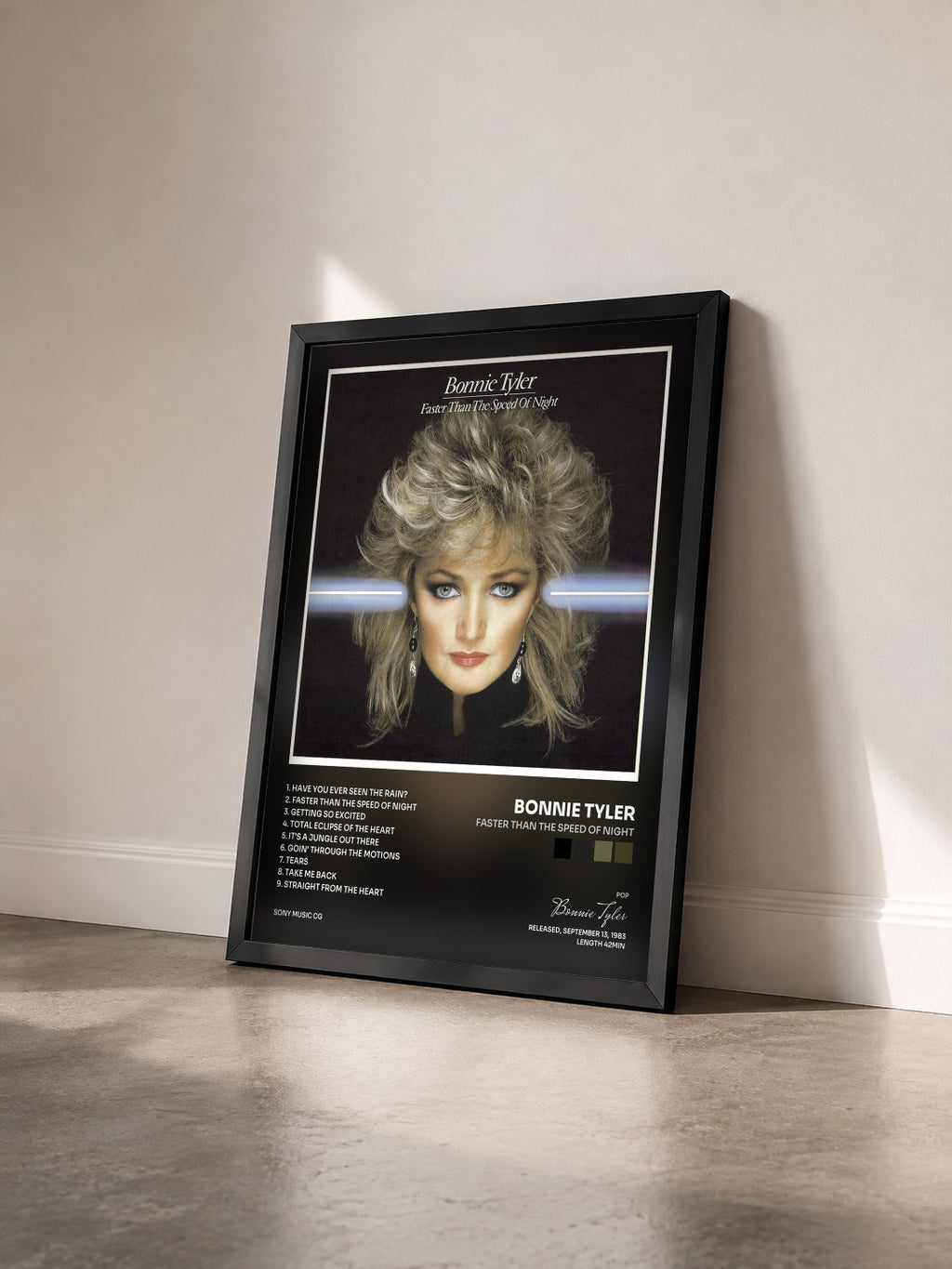 #noir Faster Than the Speed of Night by Bonnie Tyler as a framed art print seen at an angle, black frame