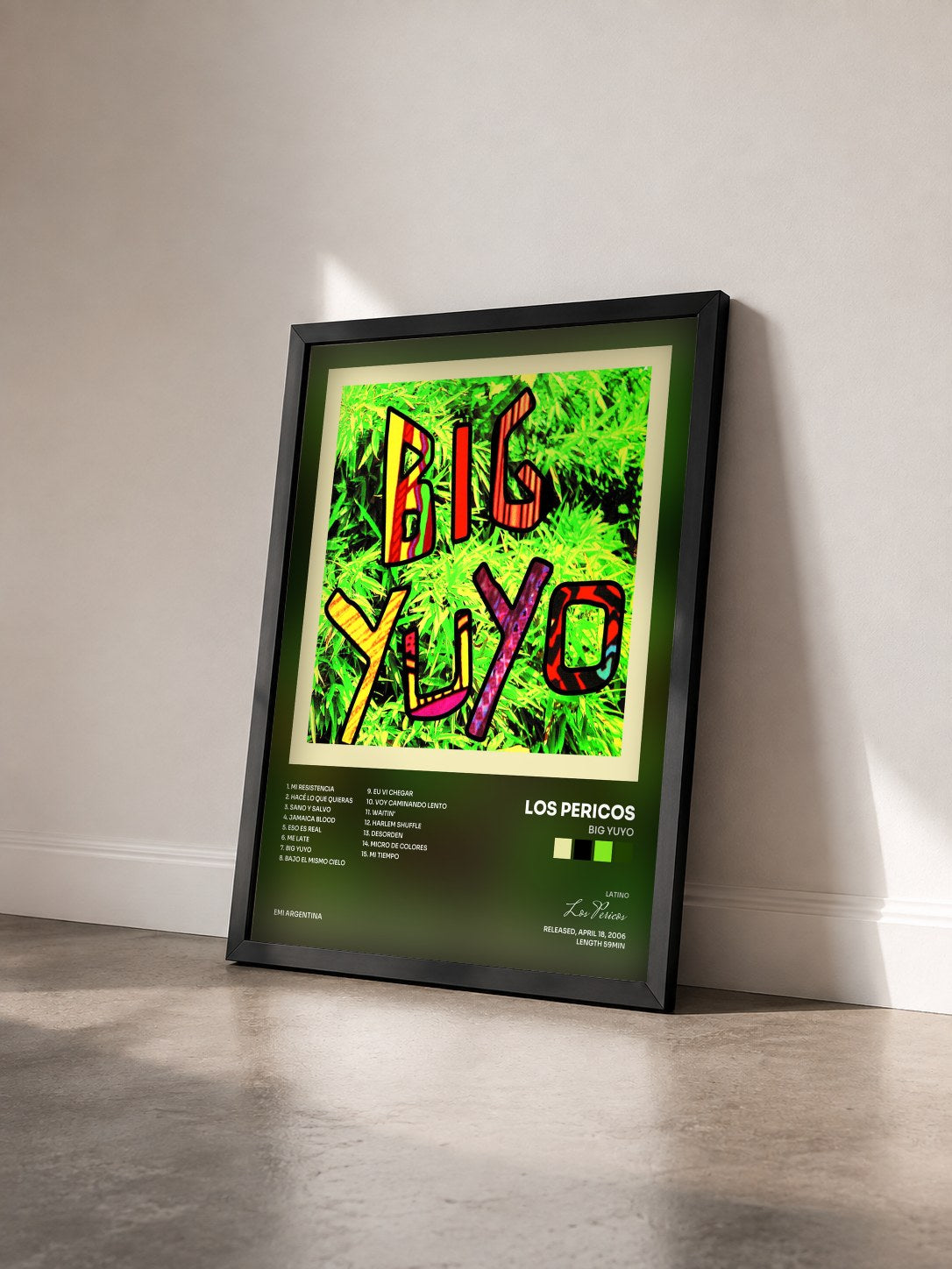 #noir Tableau de l'album Big Yuyo de Los Pericos vu de trois quarts, cadre noir