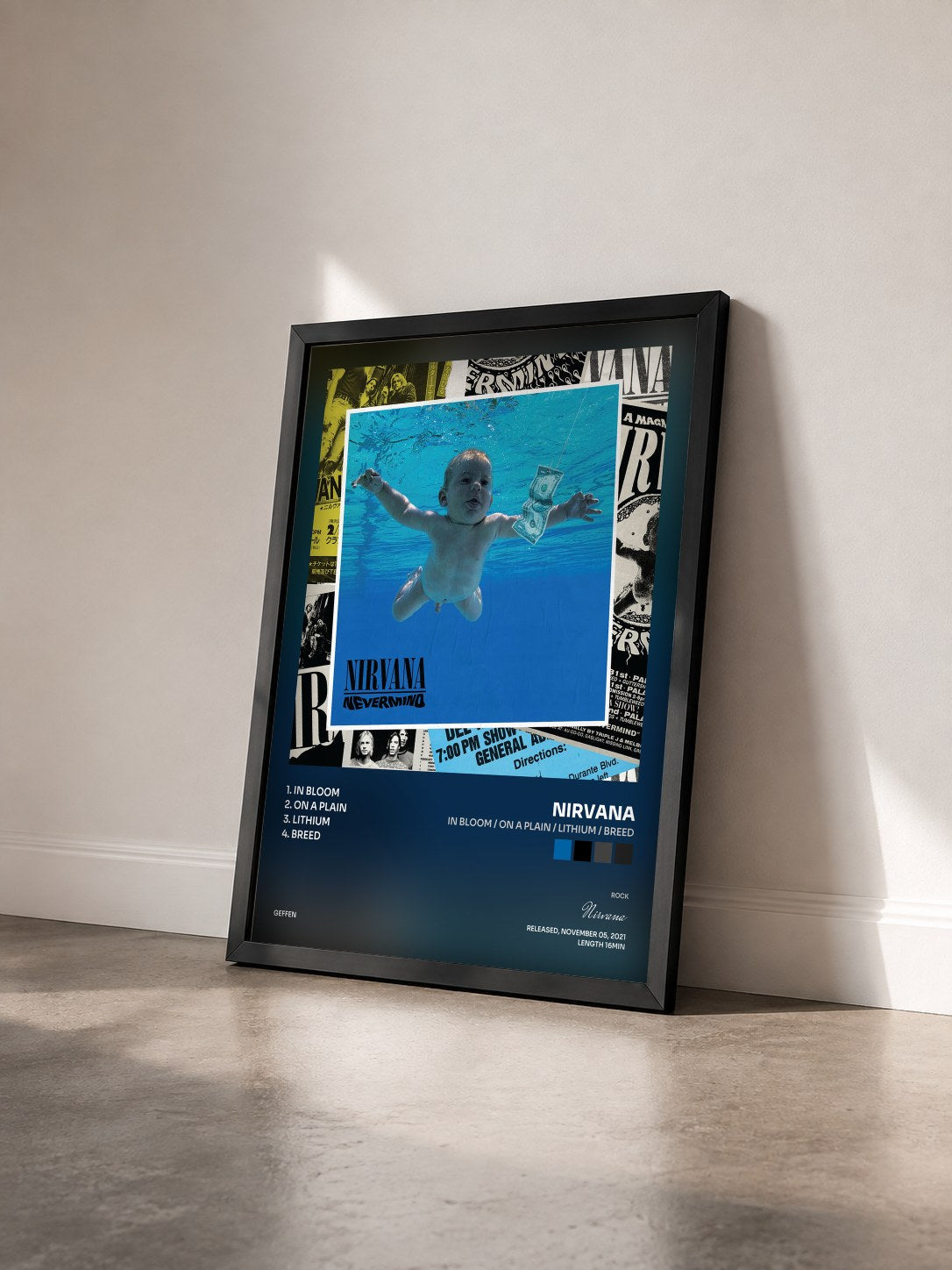 #noir Tableau de l'album In Bloom / On A Plain / Lithium / Breed de Nirvana vu de trois quarts, cadre noir