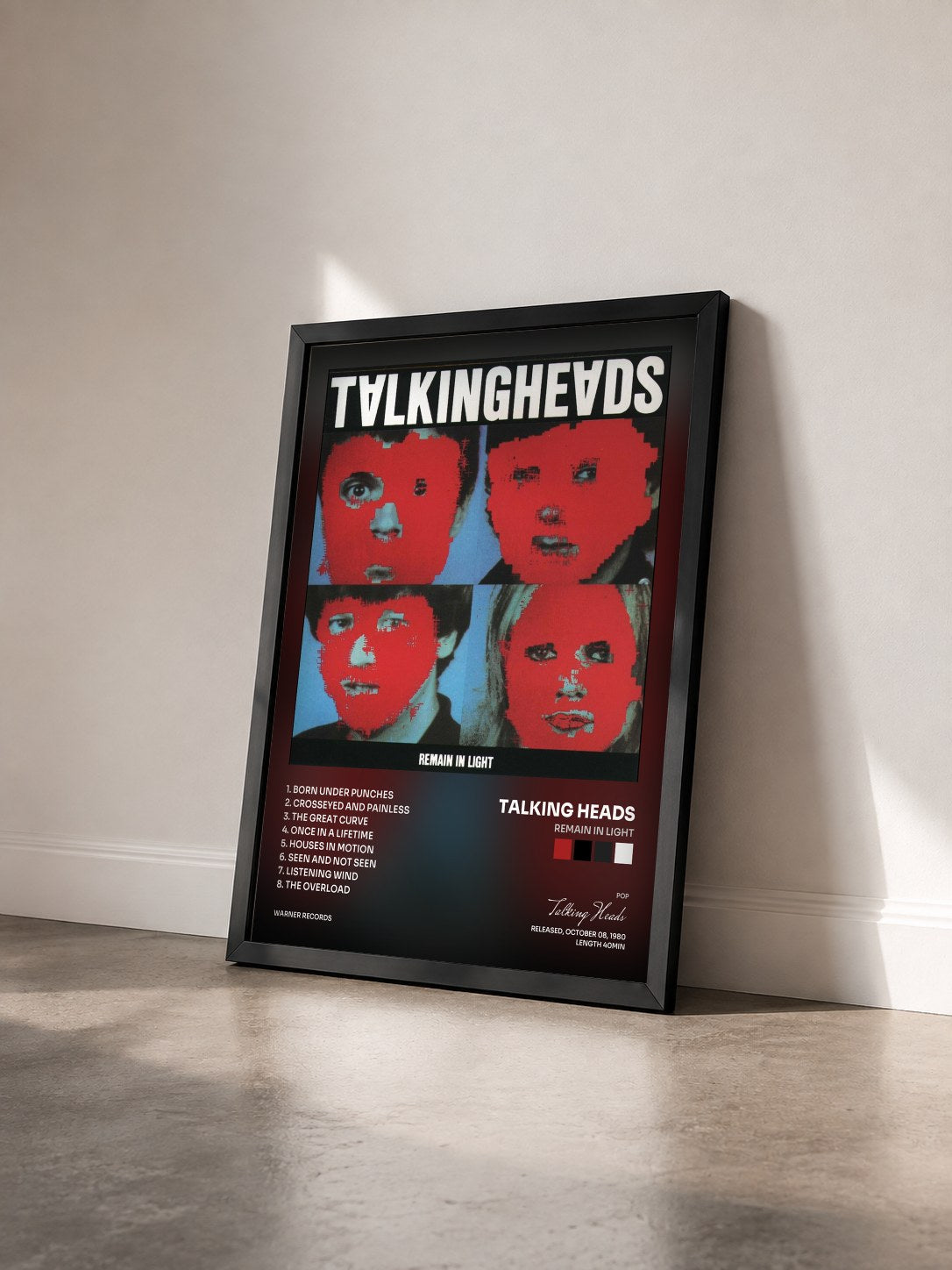 #noir Remain in Light di Talking Heads in stampa incorniciata vista di tre quarti, cornice nera
