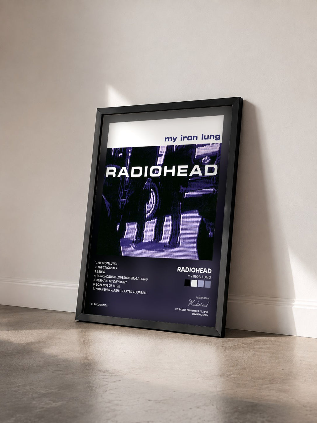 #noir My Iron Lung di Radiohead in stampa incorniciata vista di tre quarti, cornice nera