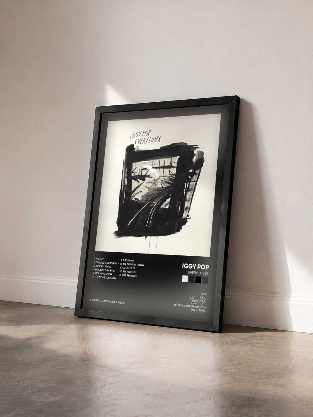 #noir EVERY LOSER by Iggy Pop as a framed art print seen at an angle, black frame