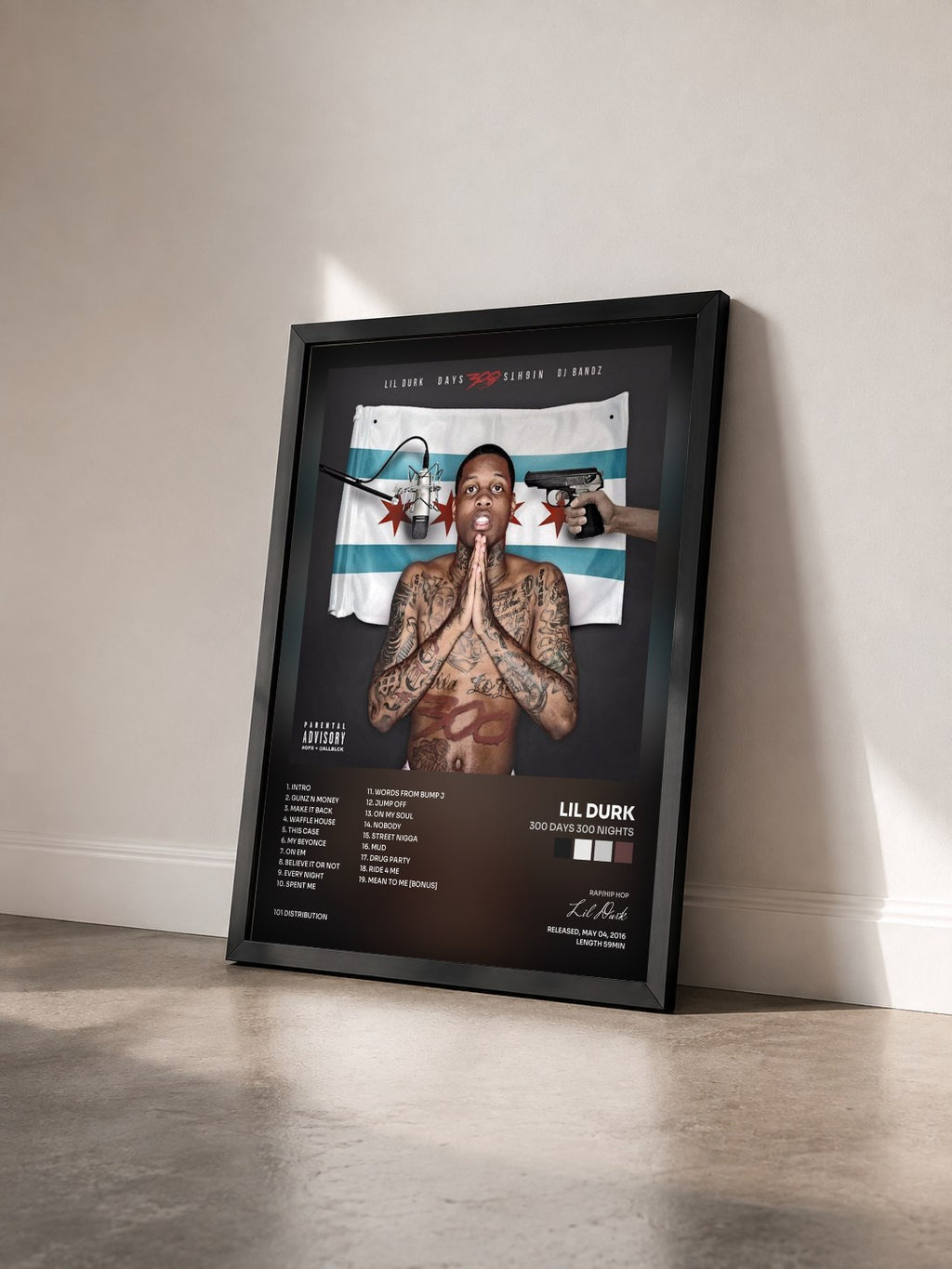 #noir Tableau de l'album 300 Days 300 Nights de Lil Durk vu de trois quarts, cadre noir