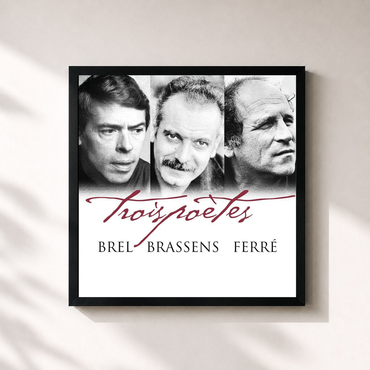 #noir Tableau carré de l'album Trois poètes - Brel, Brassens, Ferré de Jacques Brel, cadre noir 32x32 cm