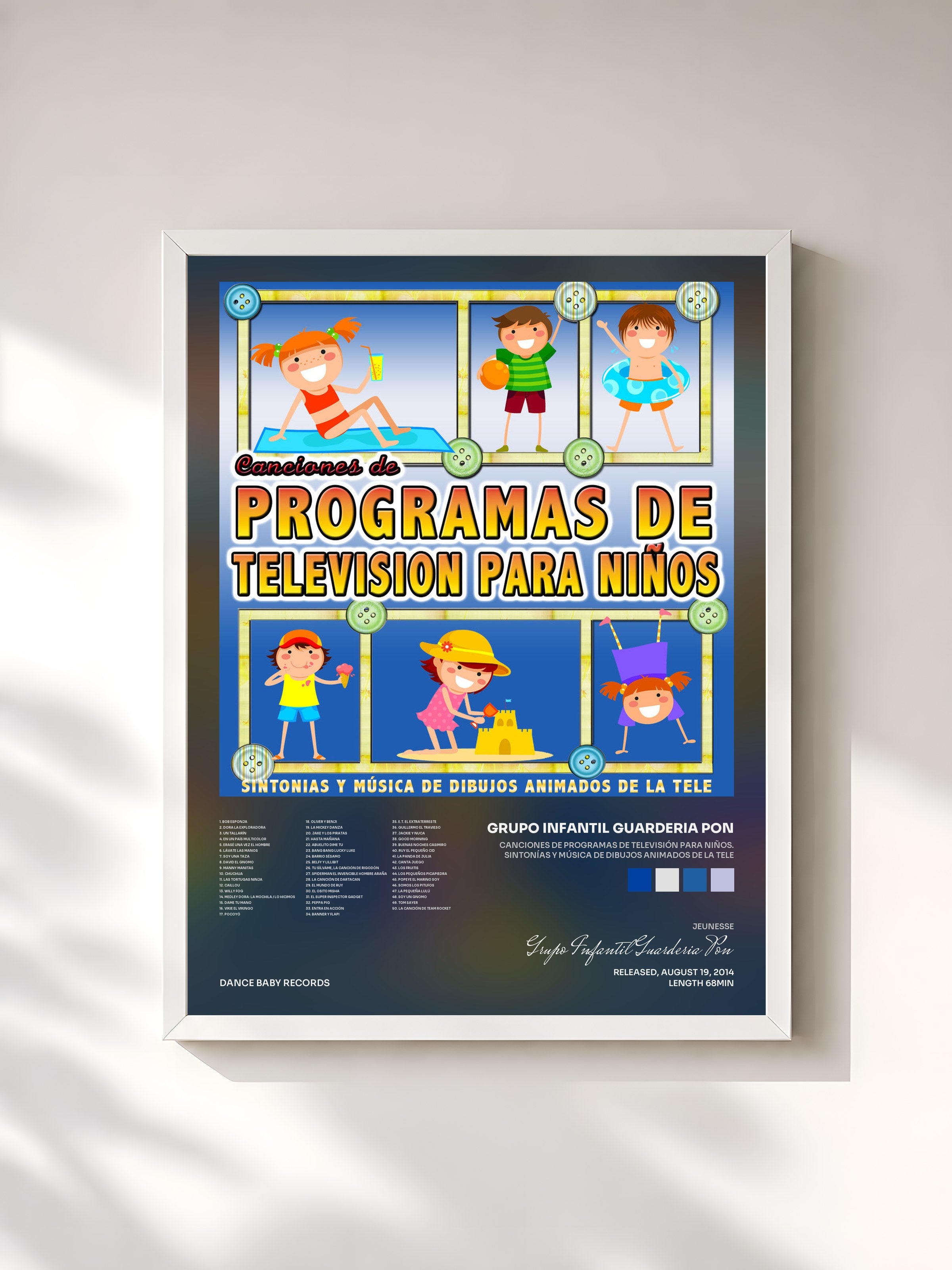 #blanc Tableau de l'album Canciones de Programas de Televisión para Niños. Sintonías y Música de Dibujos Animados de la Tele de Grupo Infantil Guarderia Pon, cadre blanc, imprimé et encadré en France