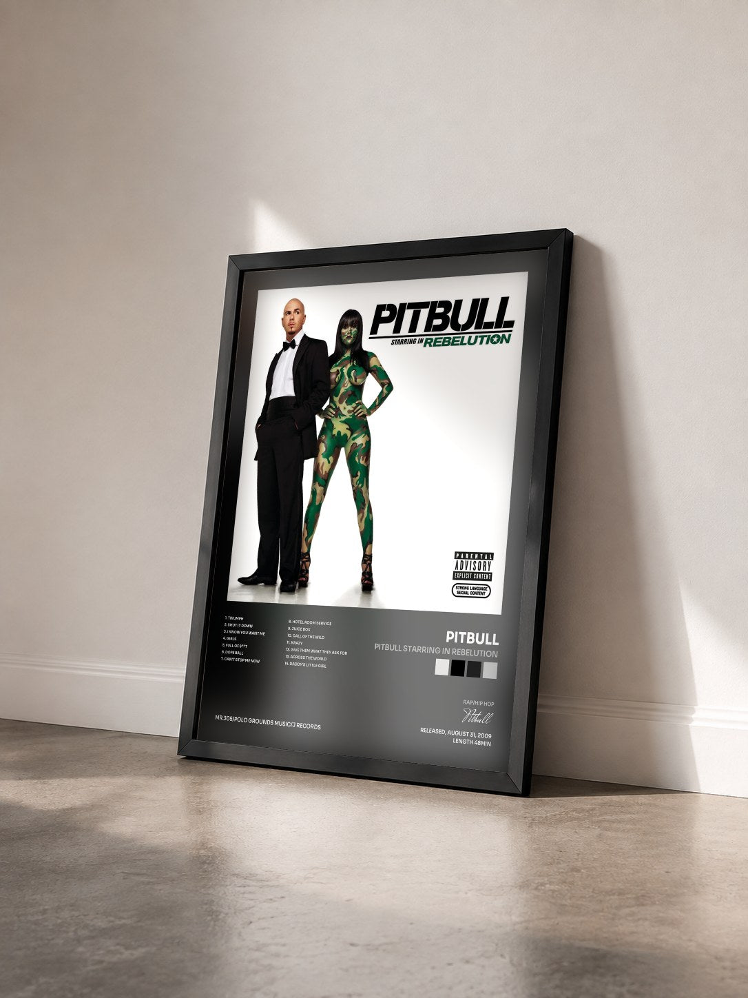 #noir Pitbull Starring In Rebelution von Pitbull als gerahmter Kunstdruck von schräg gesehen, schwarzer Rahmen