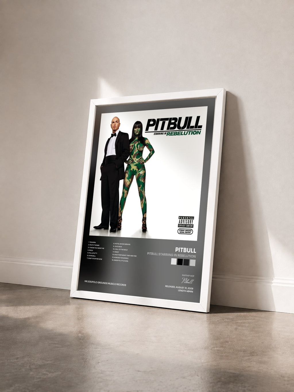 #blanc Pitbull Starring In Rebelution by Pitbull as a framed art print seen at an angle, white frame