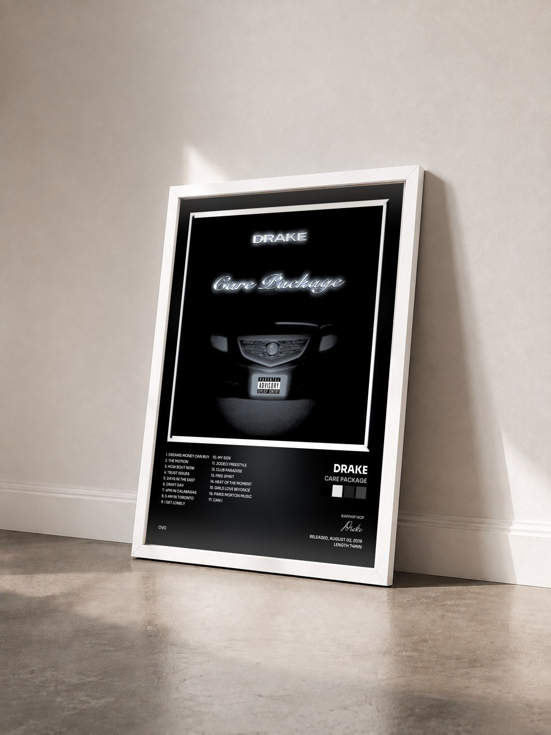 #blanc Tableau de l'album Care Package de Drake vu de trois quarts, cadre blanc