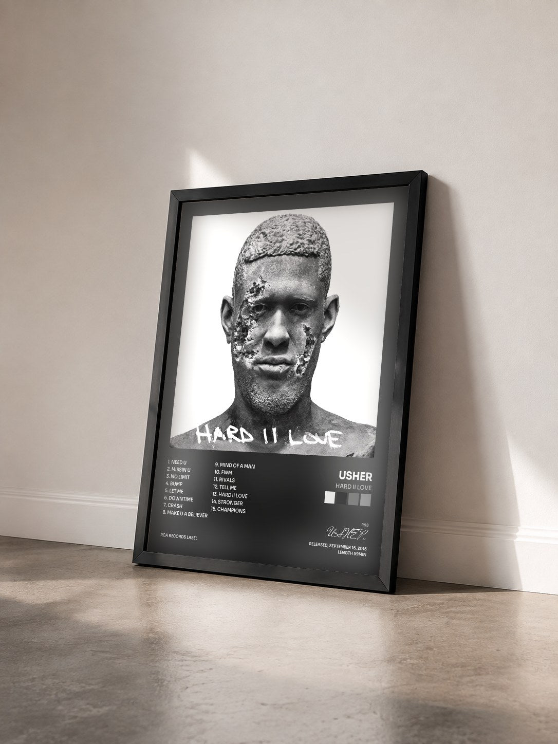 #noir Tableau de l'album Hard II Love de USHER vu de trois quarts, cadre noir