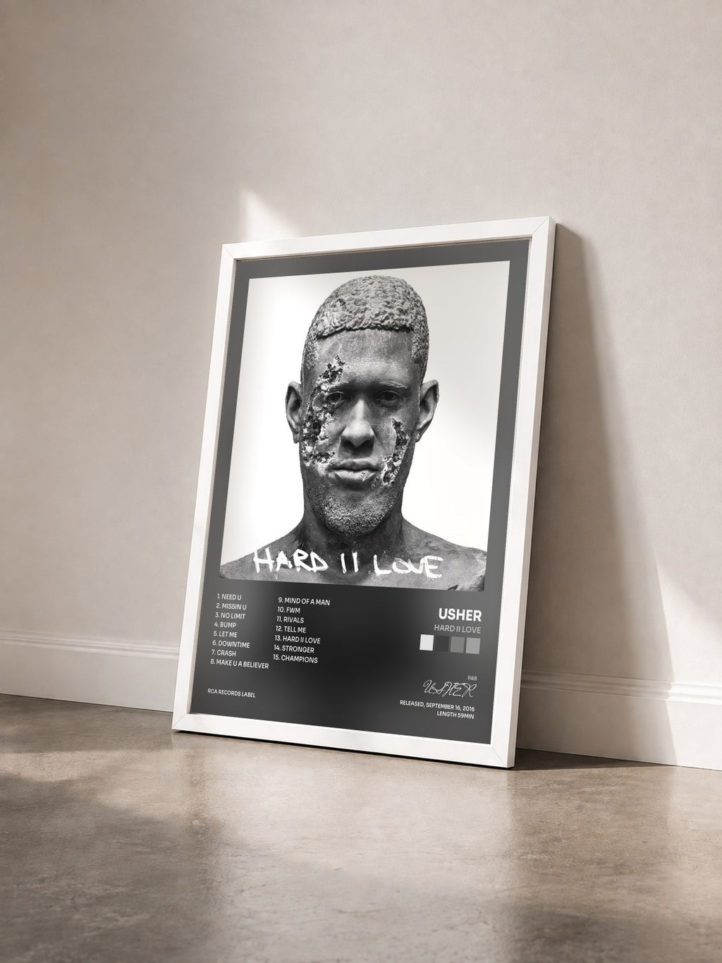 #blanc Tableau de l'album Hard II Love de USHER vu de trois quarts, cadre blanc