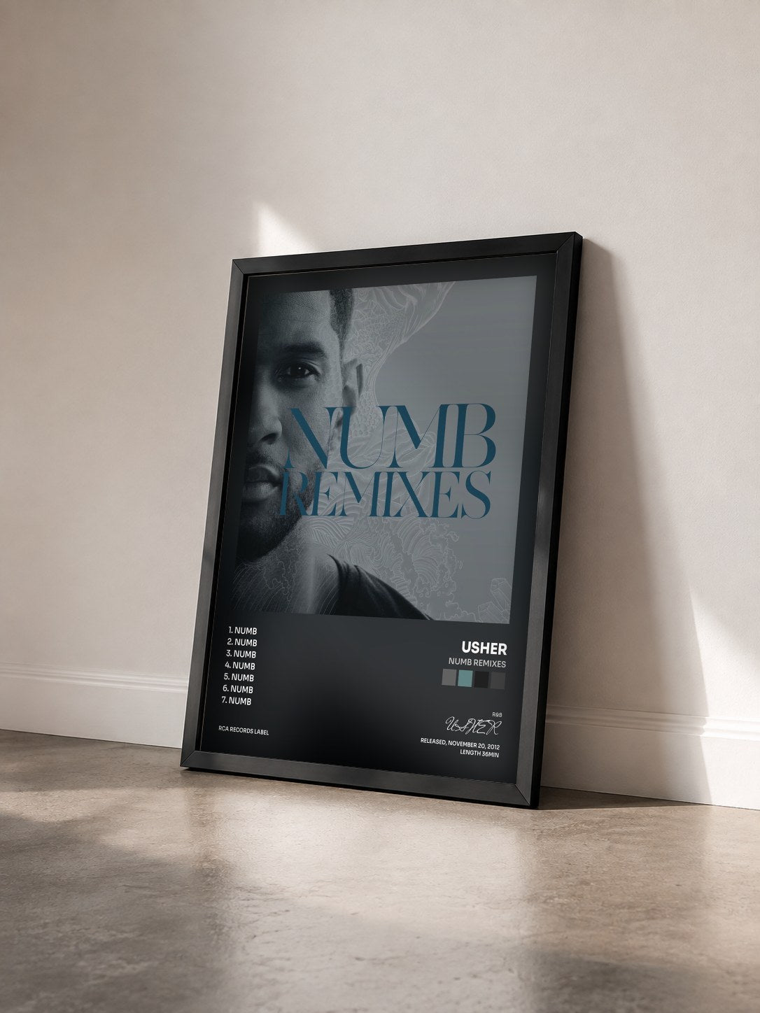 #noir Tableau de l'album Numb Remixes de USHER vu de trois quarts, cadre noir