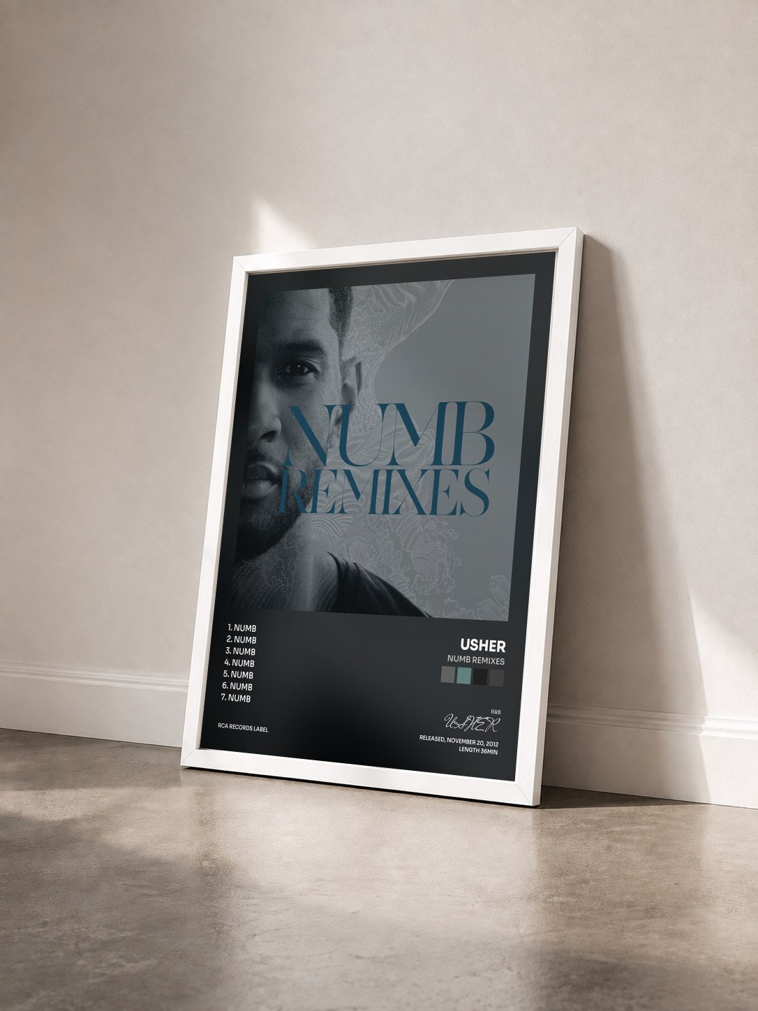 #blanc Tableau de l'album Numb Remixes de USHER vu de trois quarts, cadre blanc