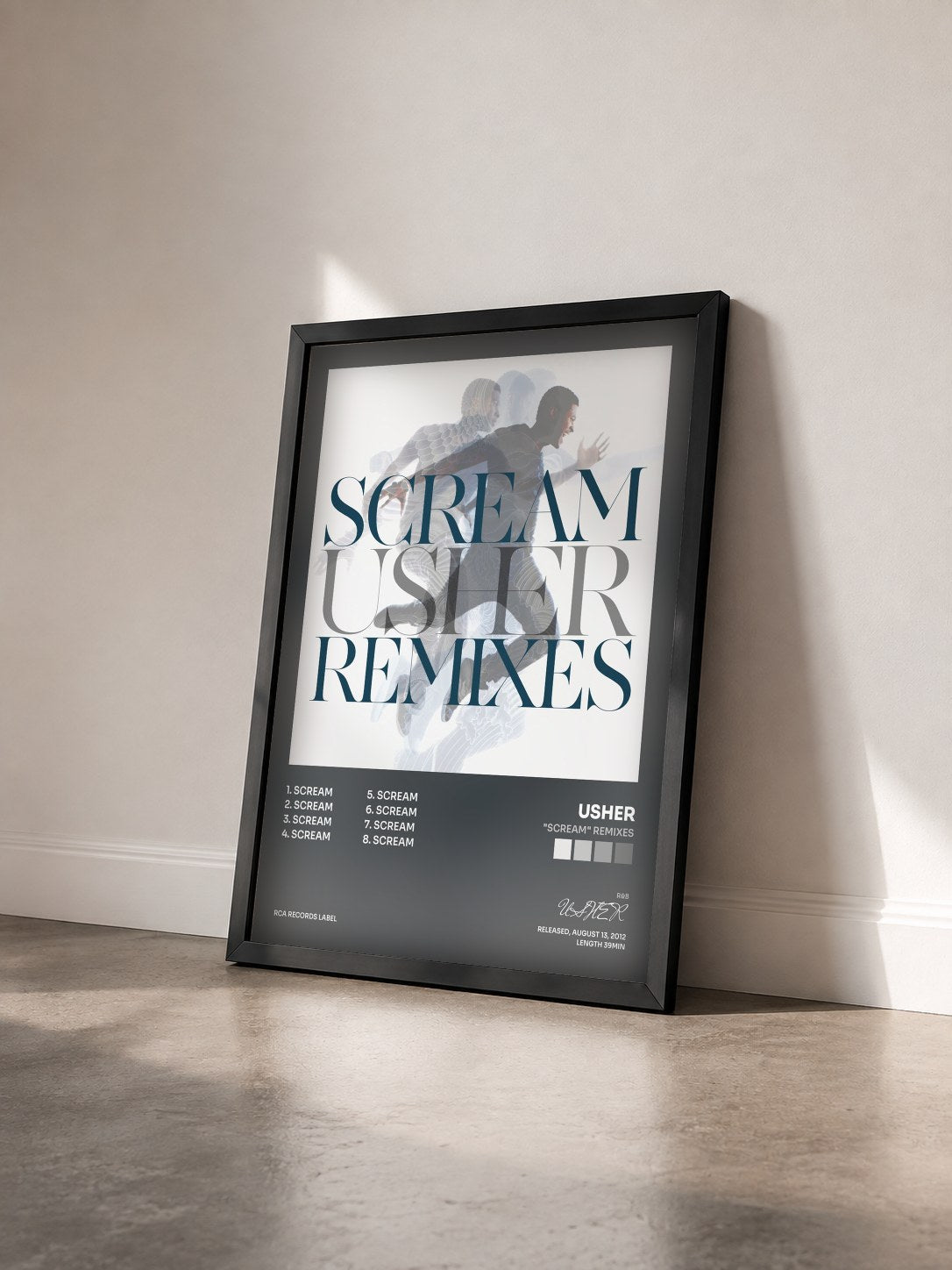#noir Tableau de l'album "Scream" Remixes de USHER vu de trois quarts, cadre noir
