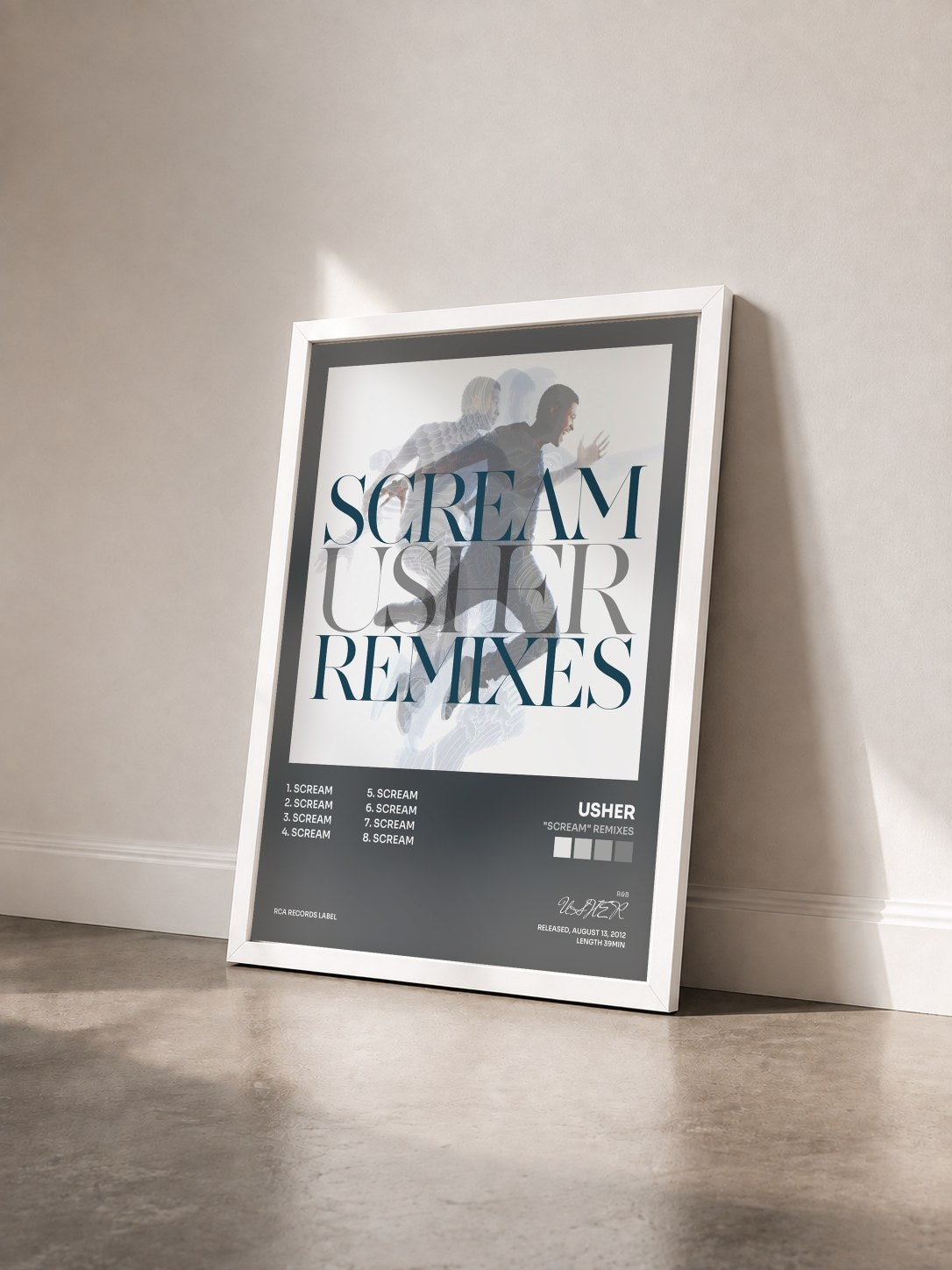 #blanc Tableau de l'album "Scream" Remixes de USHER vu de trois quarts, cadre blanc