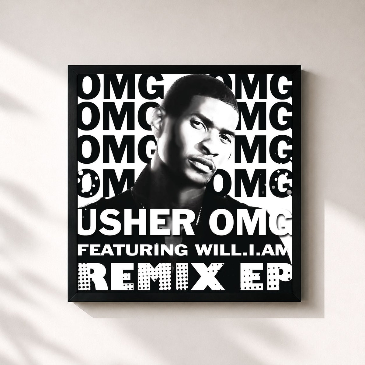 #noir Tableau carré de l'album OMG Remix EP de USHER, cadre noir 32x32 cm