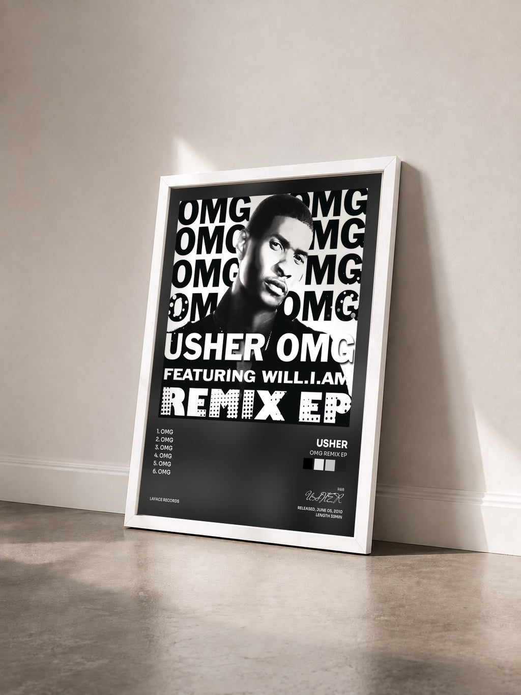 #blanc Tableau de l'album OMG Remix EP de USHER vu de trois quarts, cadre blanc
