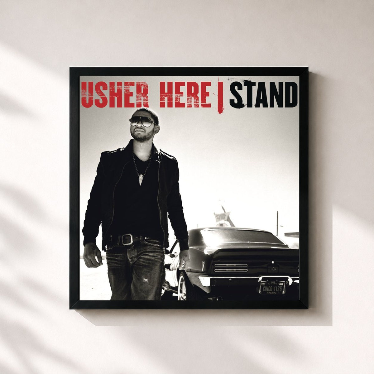 #noir Tableau carré de l'album Here I Stand de USHER, cadre noir 32x32 cm